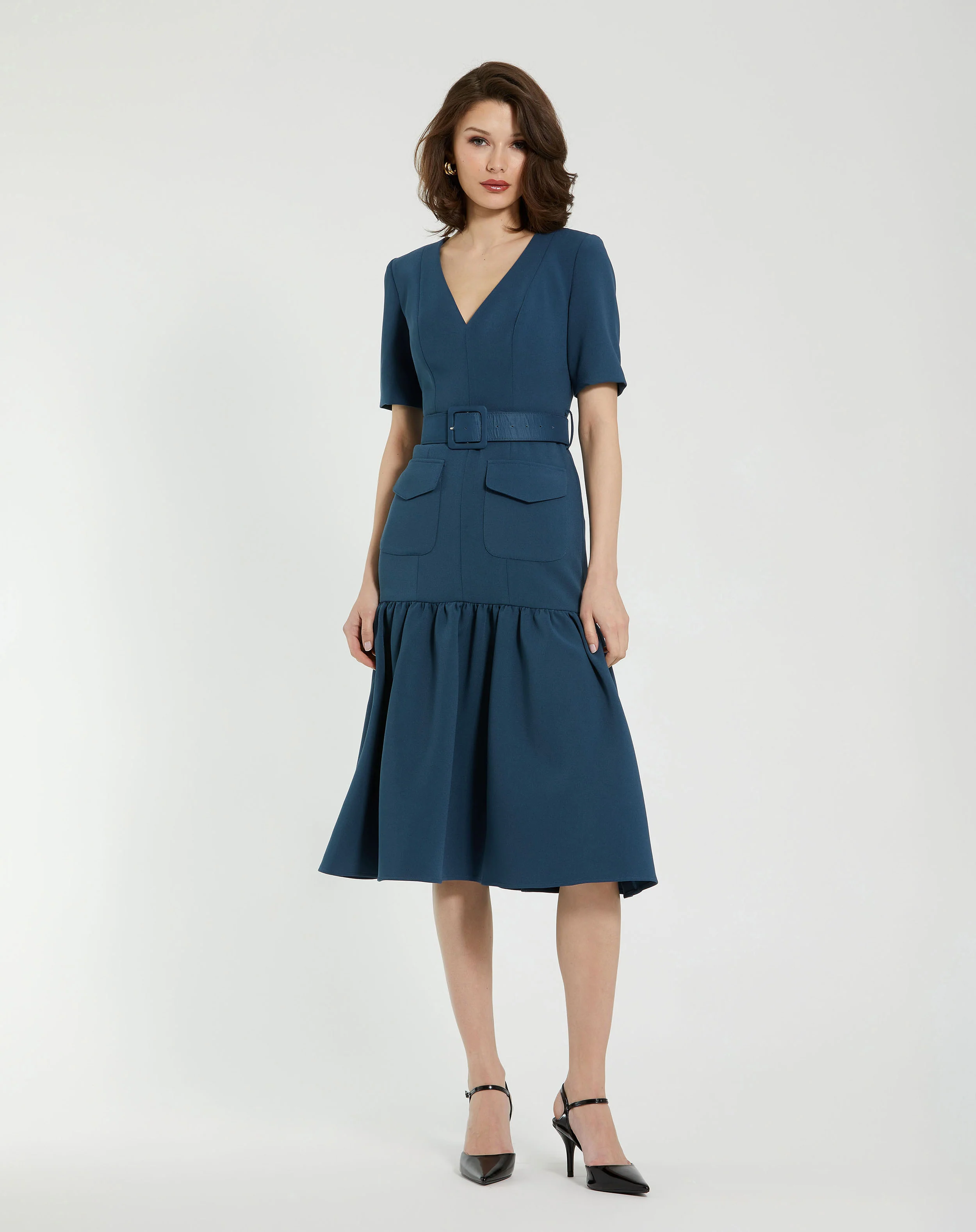 Blue Crepe 3/4 Sleeve Midi Dress With Belt And Pockets