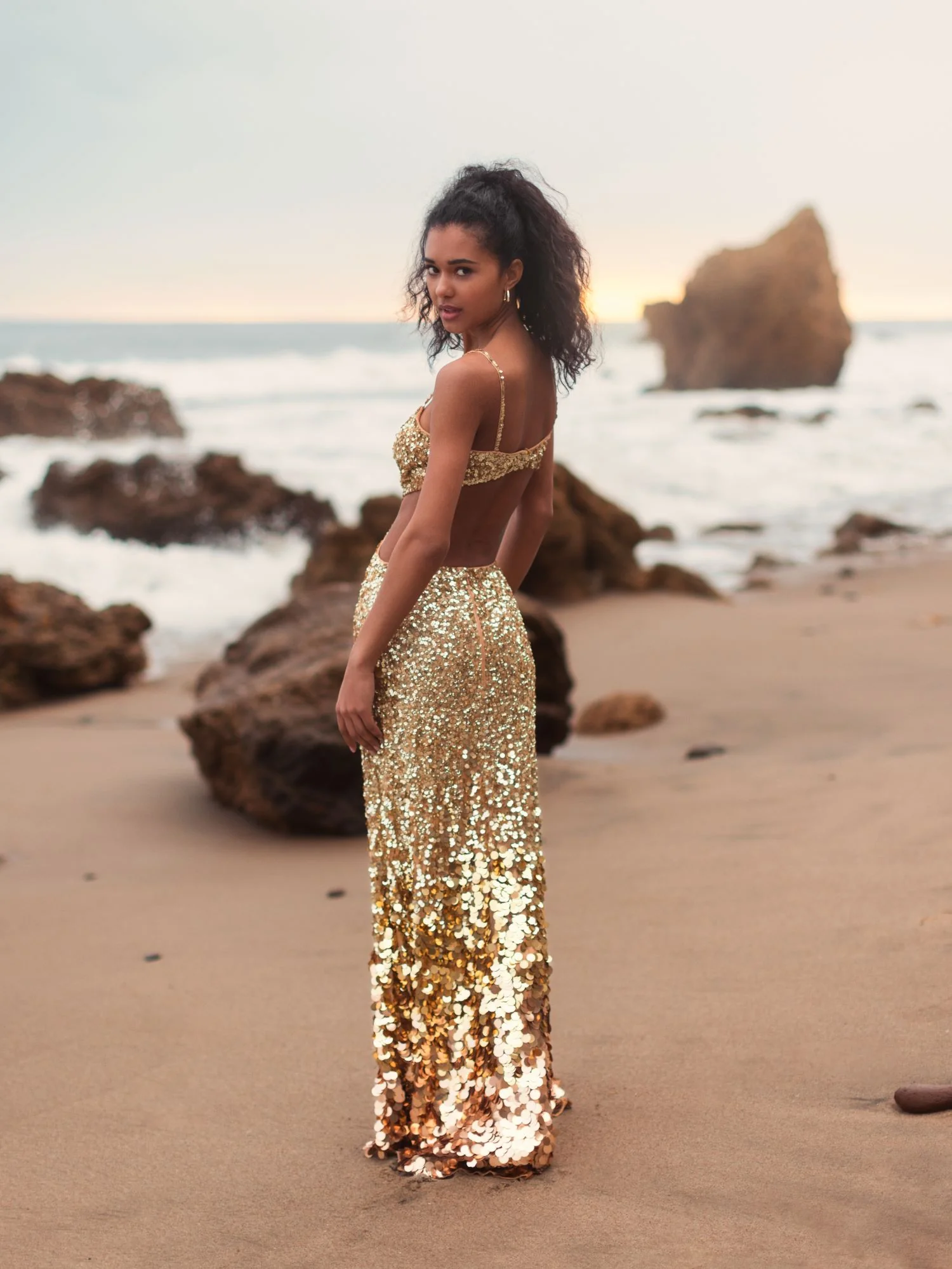Gold Thin Strap Cut Out Gown With Ombre Sequins