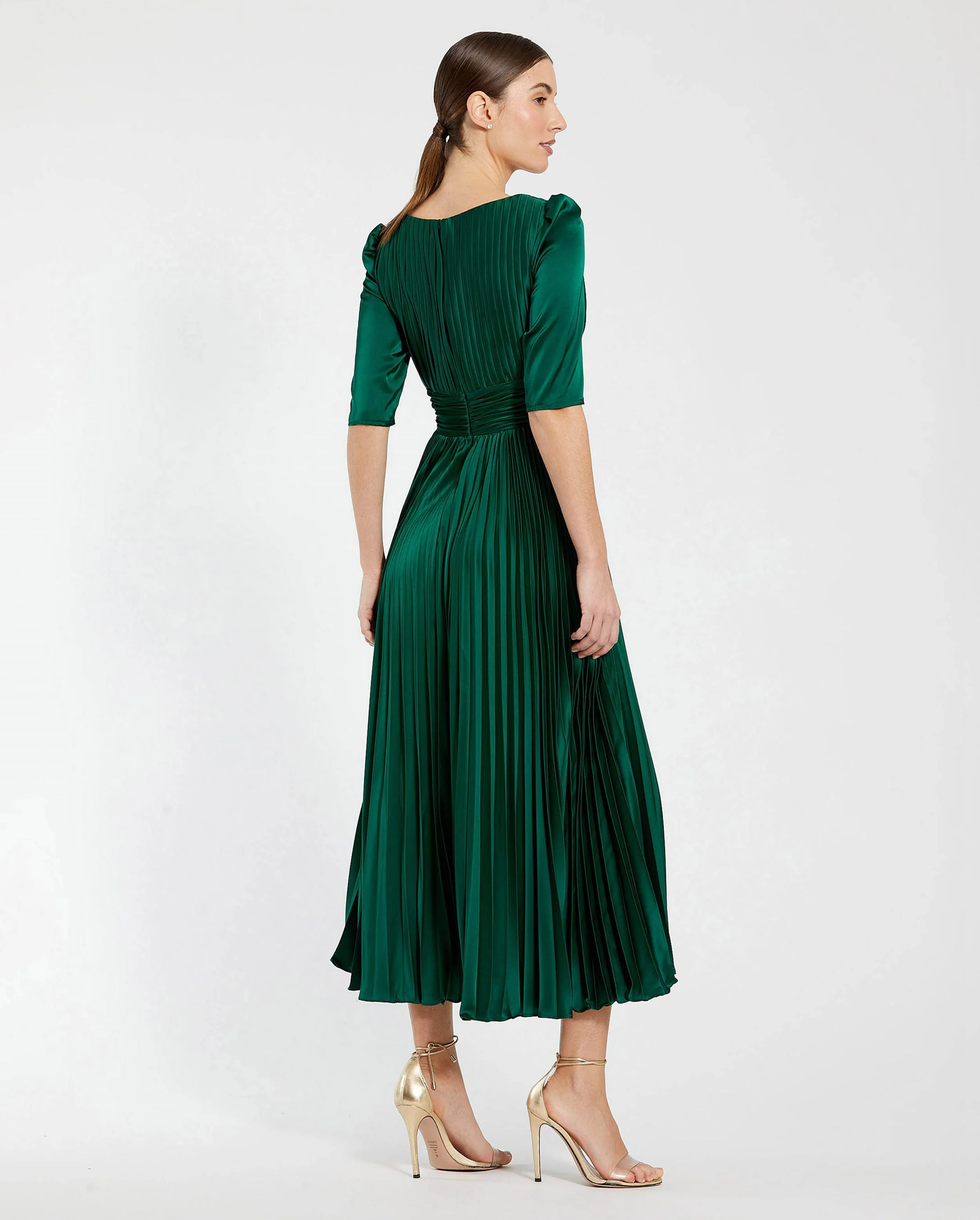 Quarter Sleeve V Neck Heat Pleated Dress