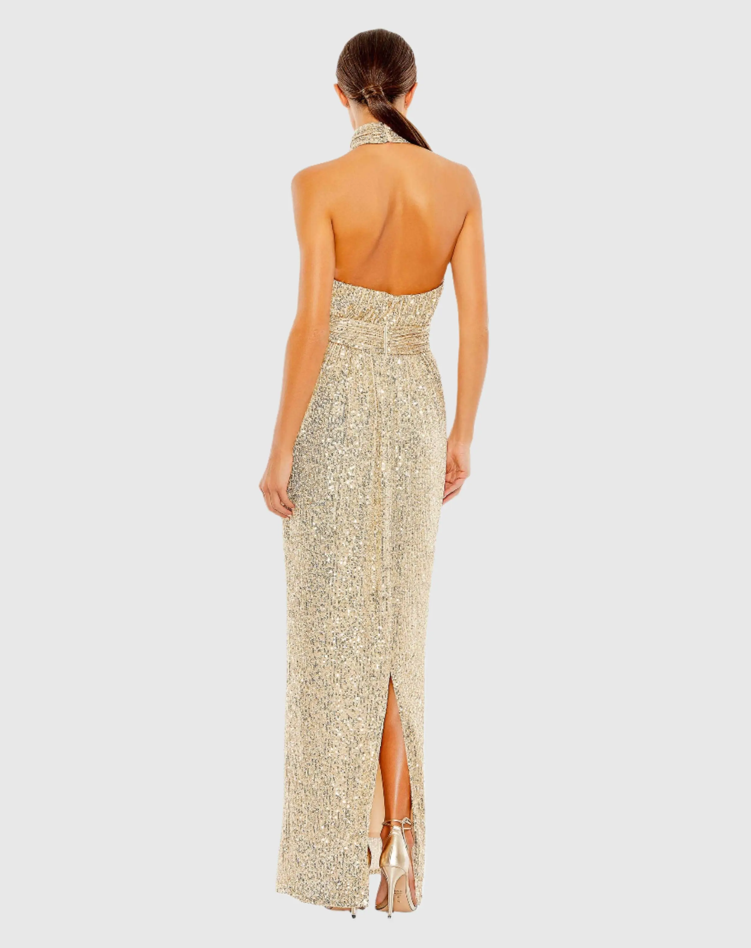 Gold Sequined Halter Neck Belted Soft Tie Gown