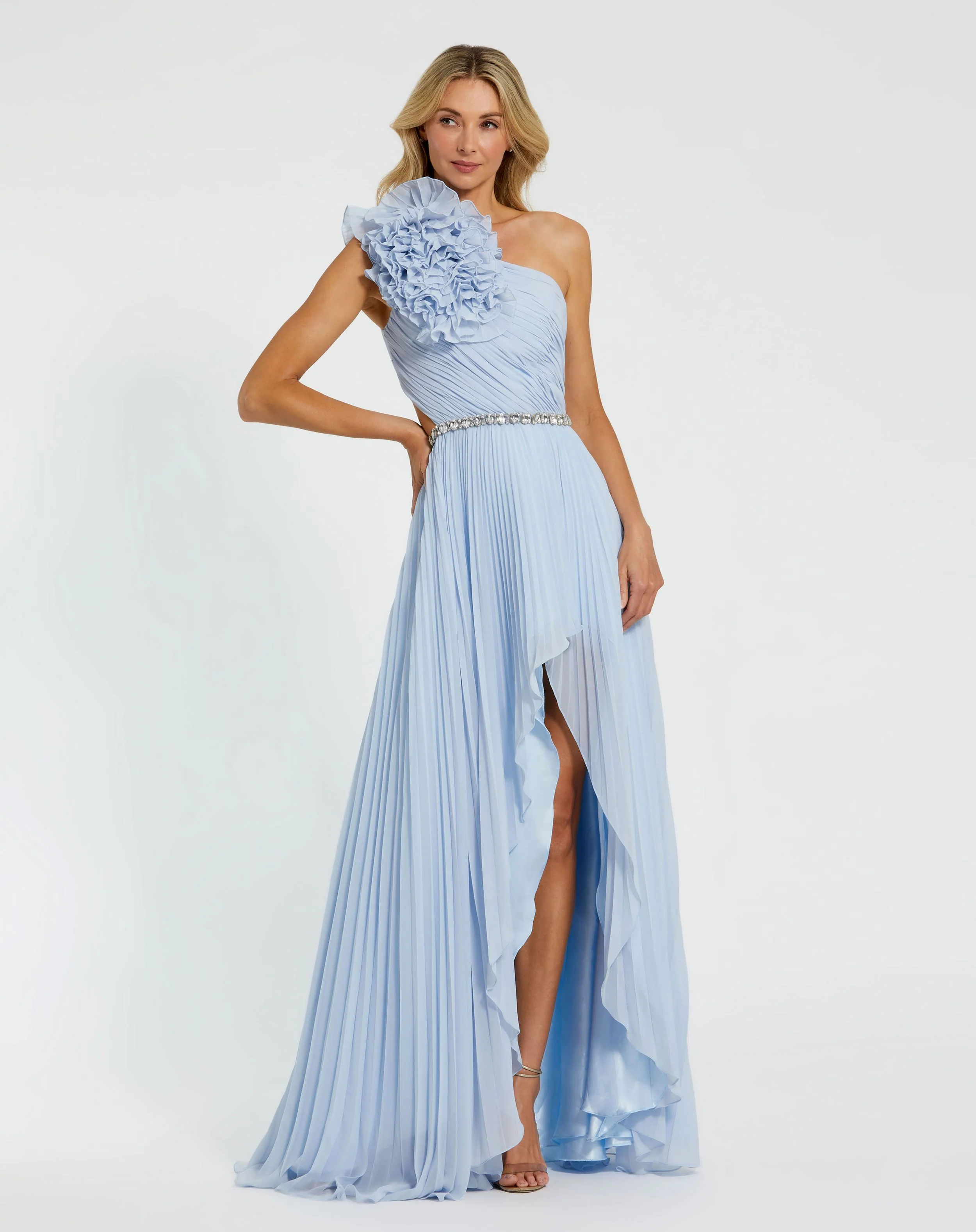Blue Floral Detail One Shoulder Gown With Side Slit