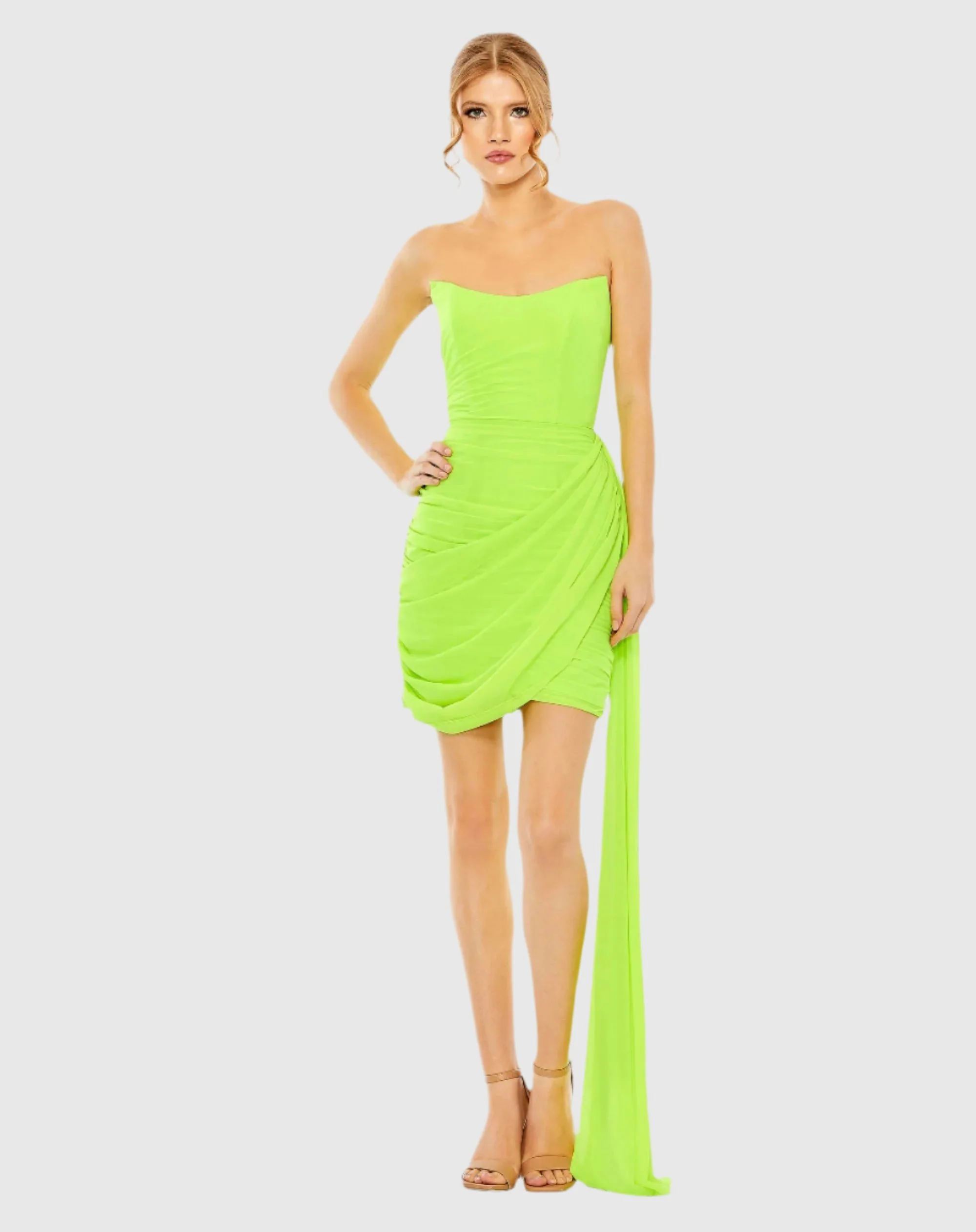 Green Strapless Ruched Faux Wrap Dress