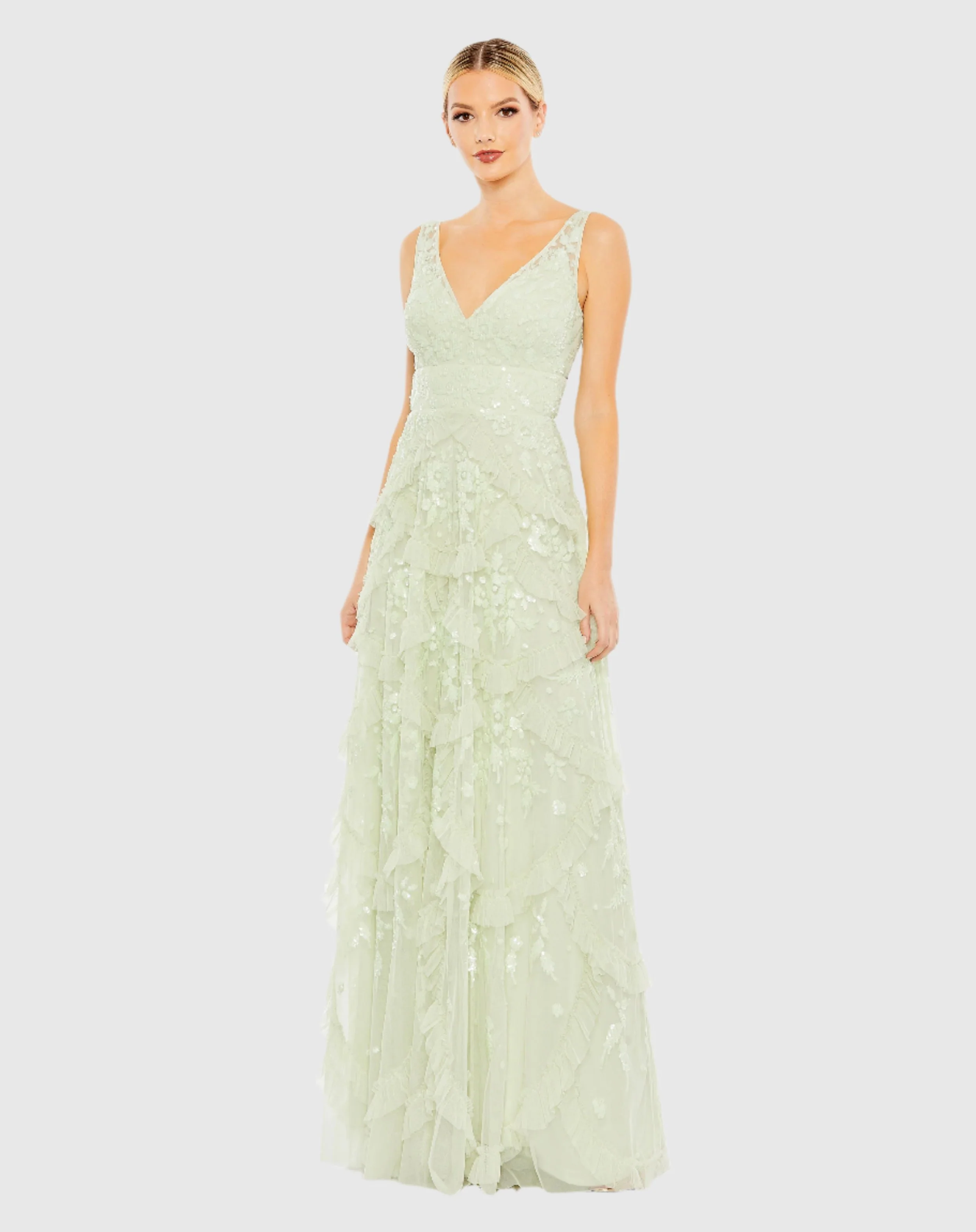 Green Sequined Scallop Ruffle Tiered V-Neck Gown