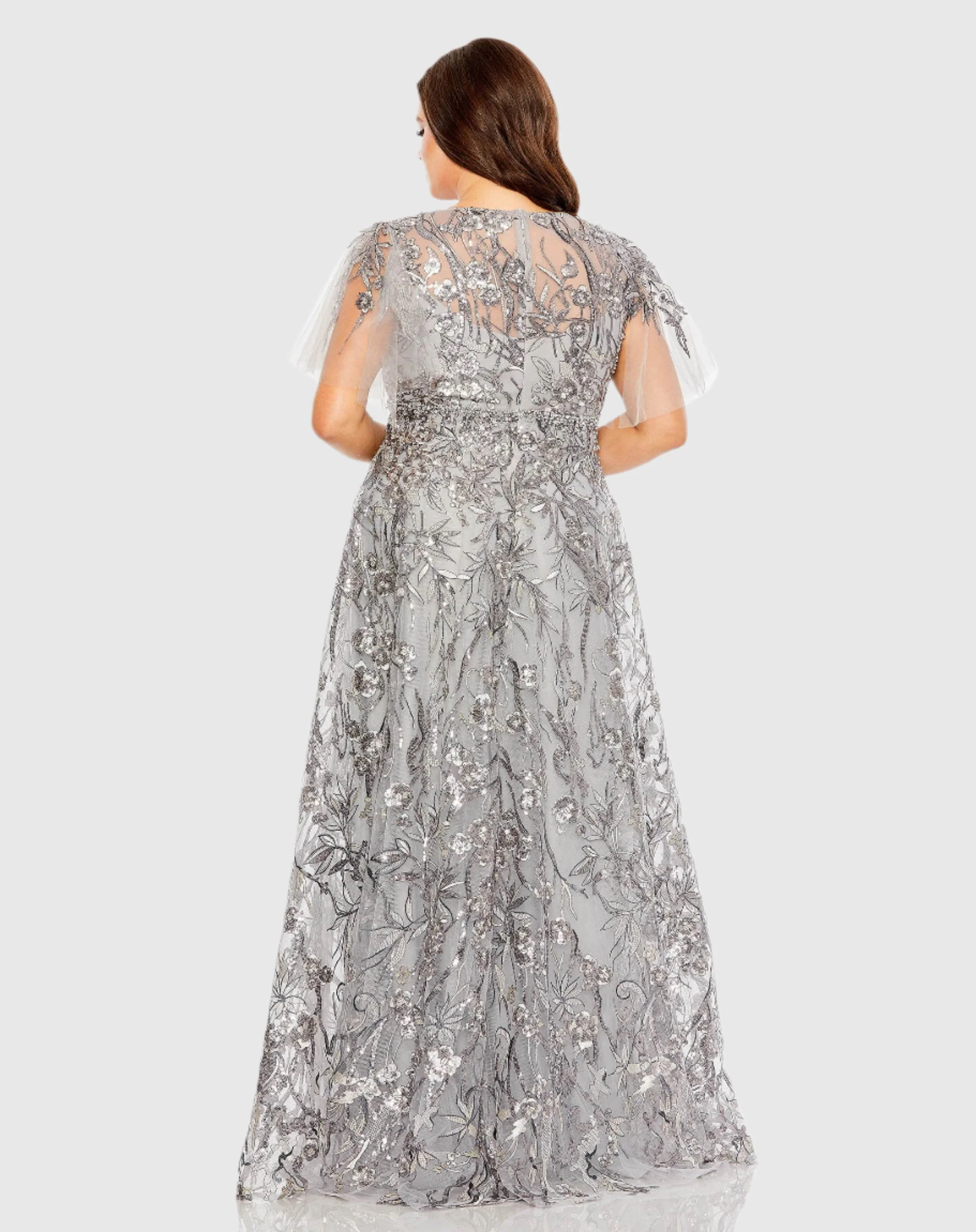 Silver High Neck Flutter Sleeve Embellished A-Line Gown