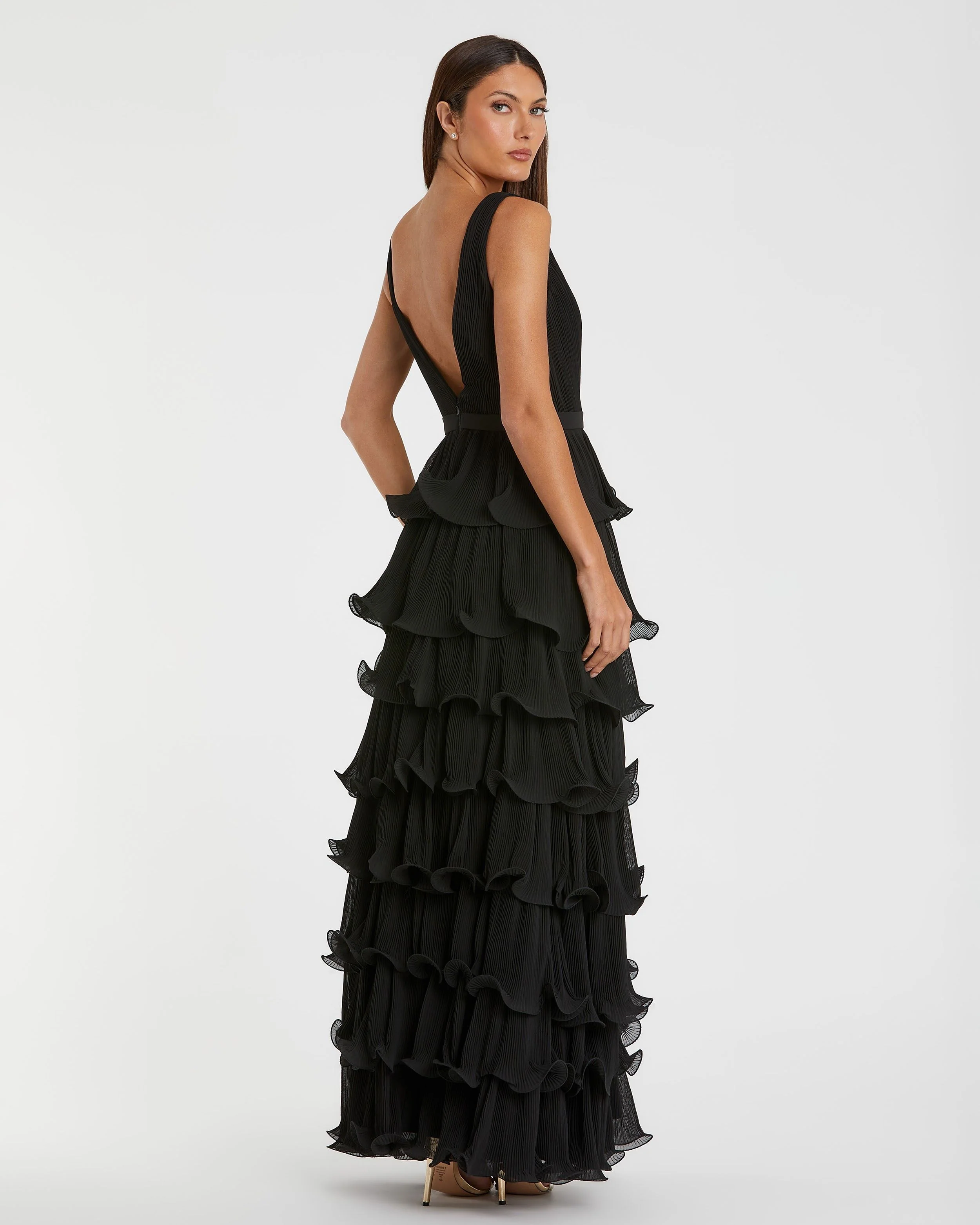 Black Sleeveless Ruffle Tiered V Neck Gown