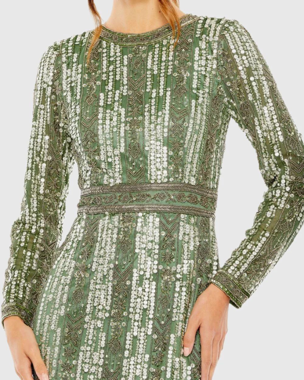 Green High Neck Long Sleeve Crystal Fringe Column Gown