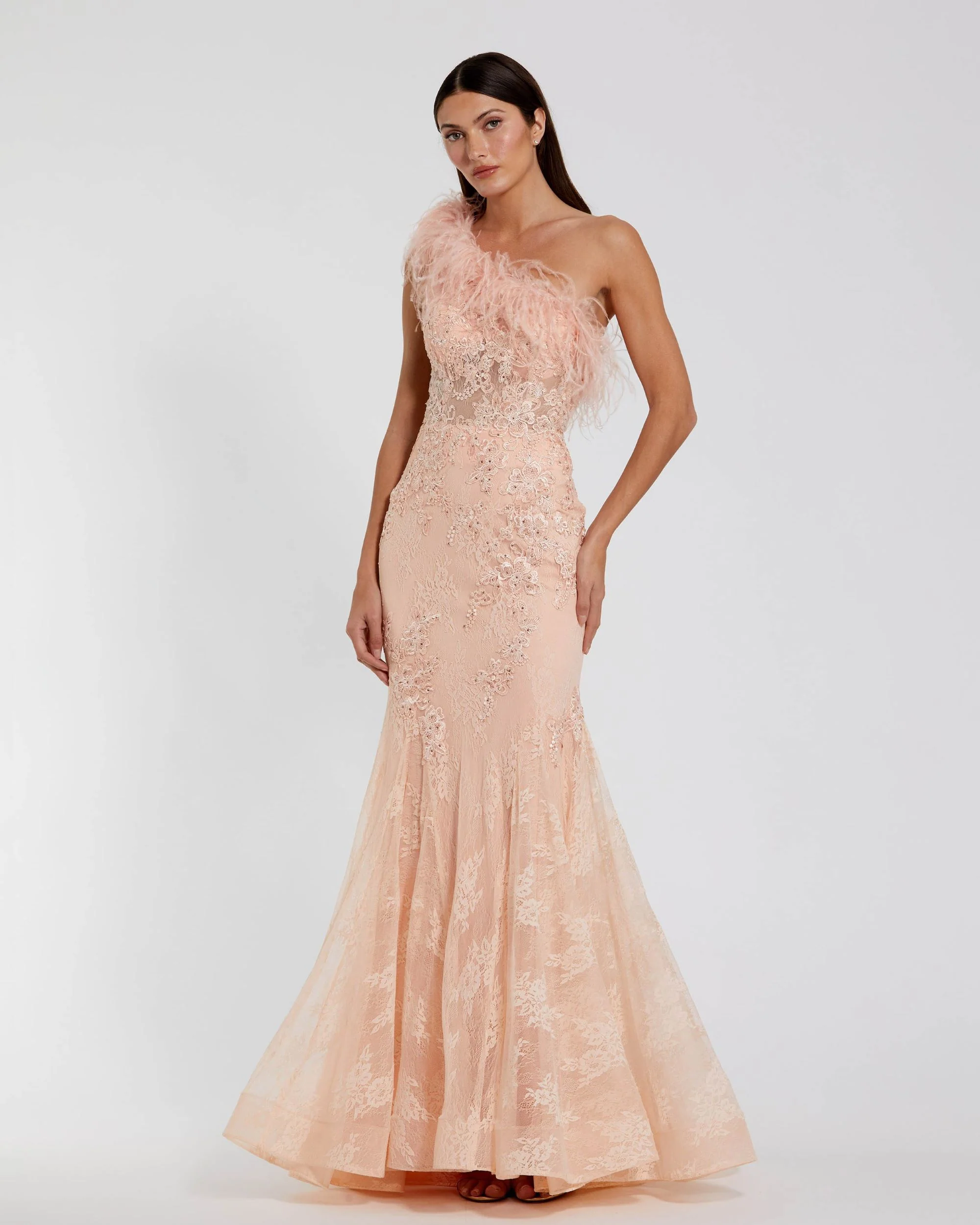 Pink One Shoulder Feather Embellished Mermaid Gown