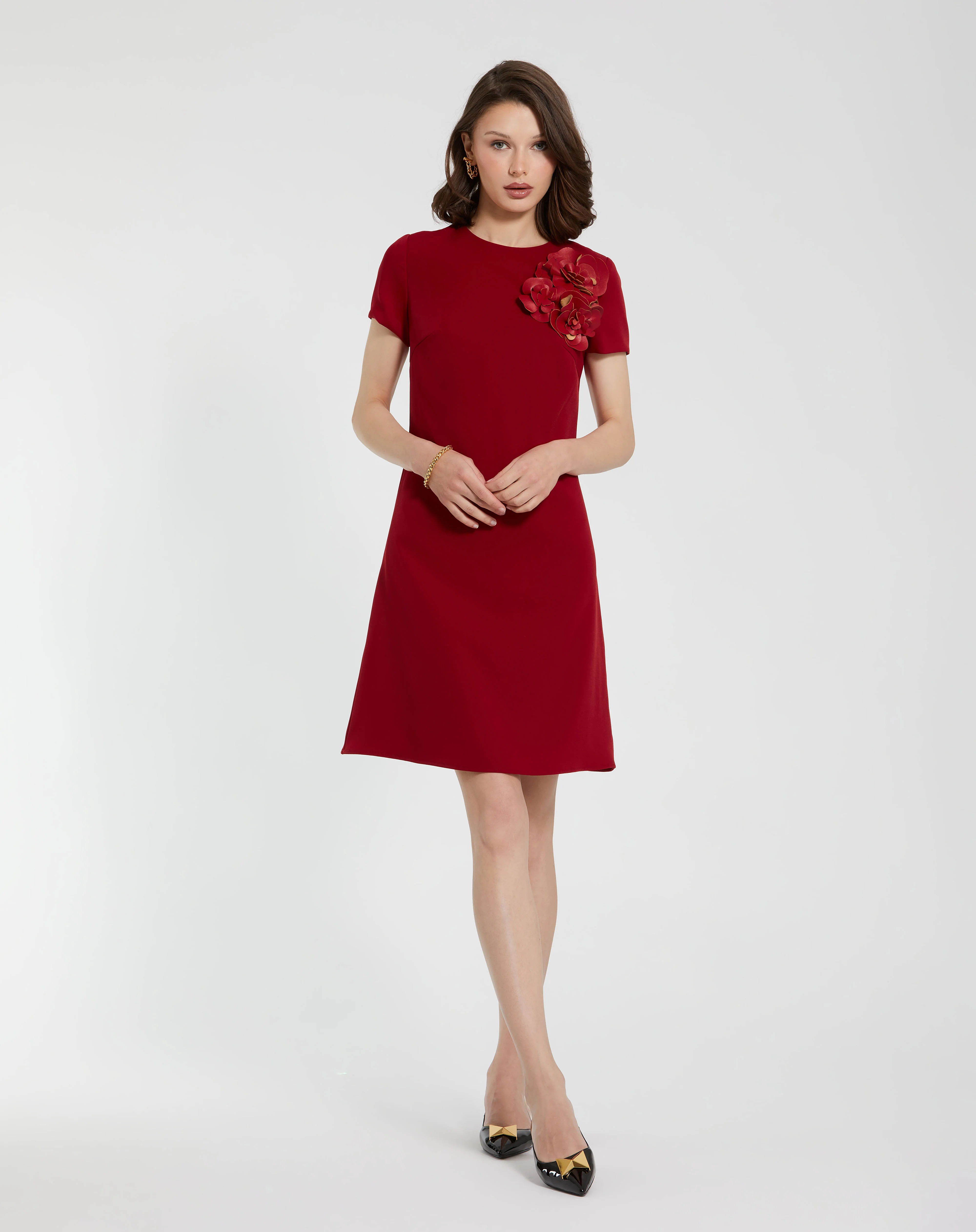 Red Crepe Cap Sleeve Mini Dress With 3D Flower Details