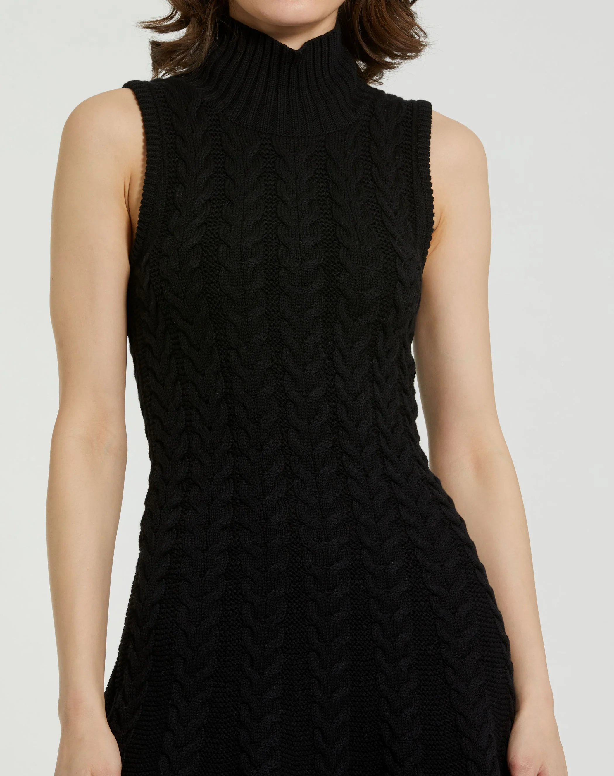 Black Cable Knit Turtle Neck Sleeveless Mini Sweater Knit Dress