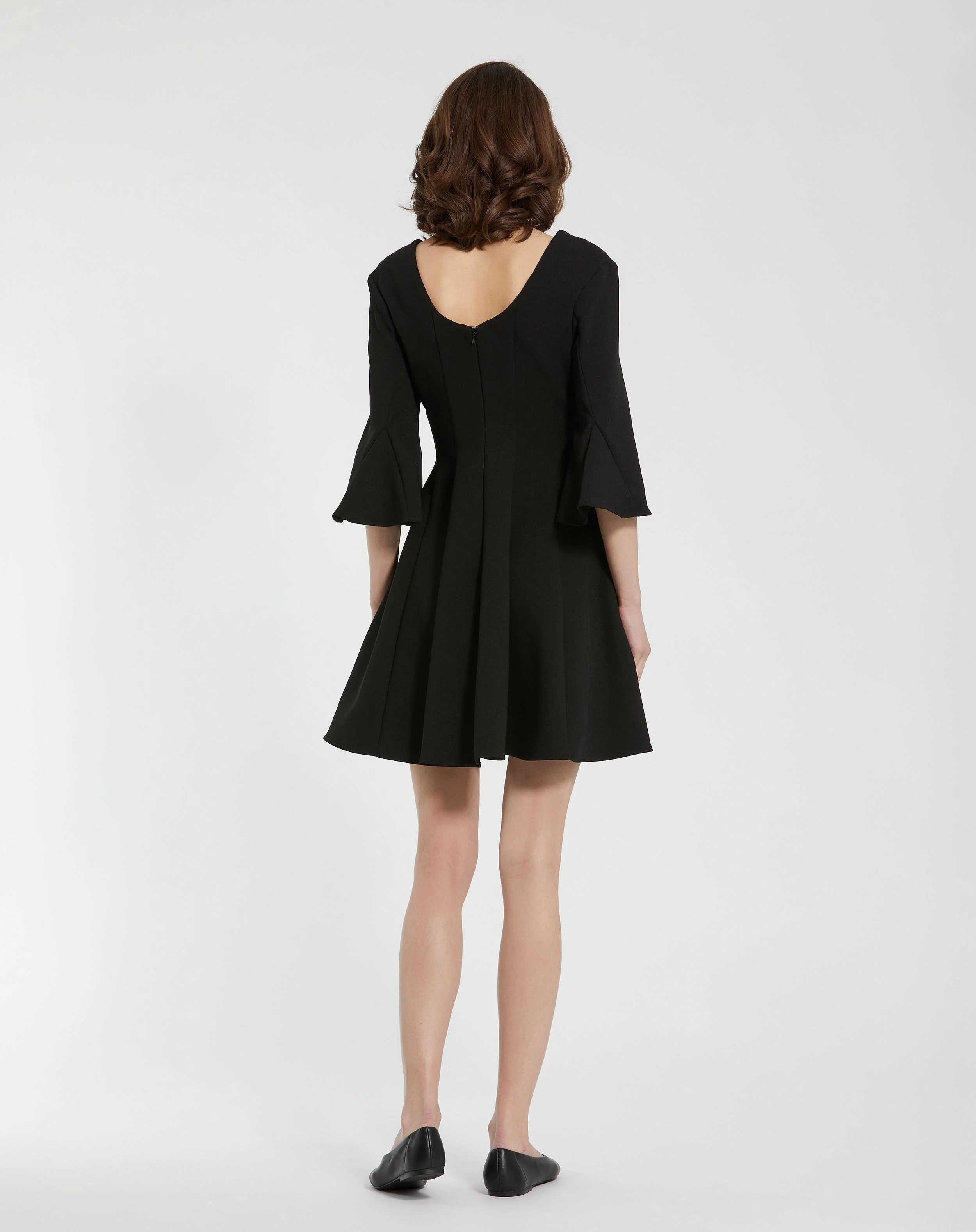 Black Crepe Square Neck 3/4 Sleeve Godet Mini Dress