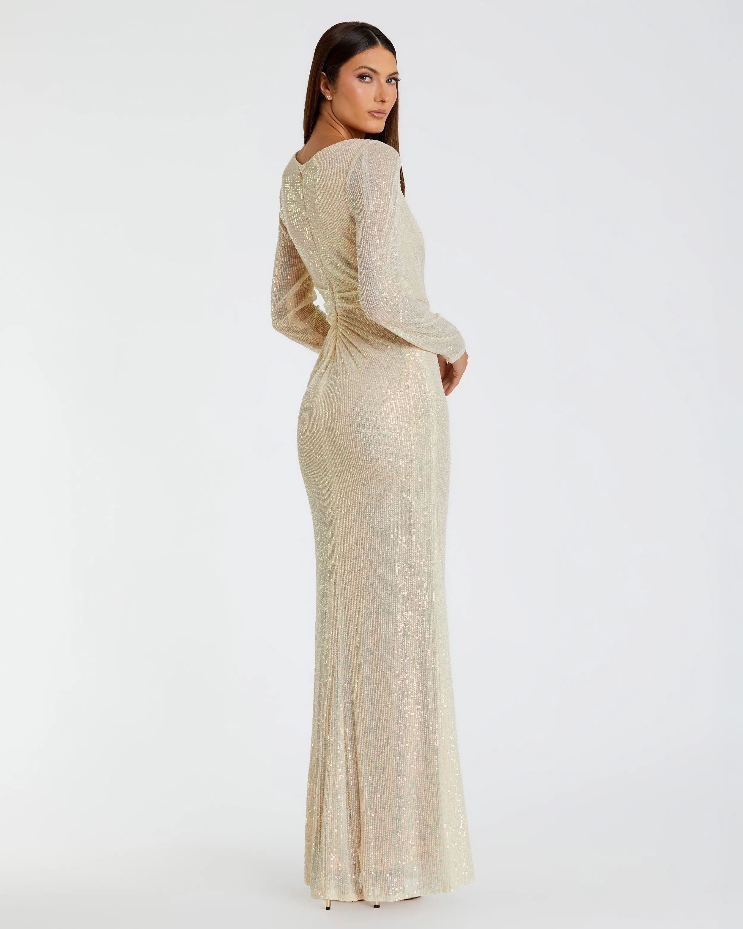 Sequined Ruched Long Sleeve Boat Neck Gown