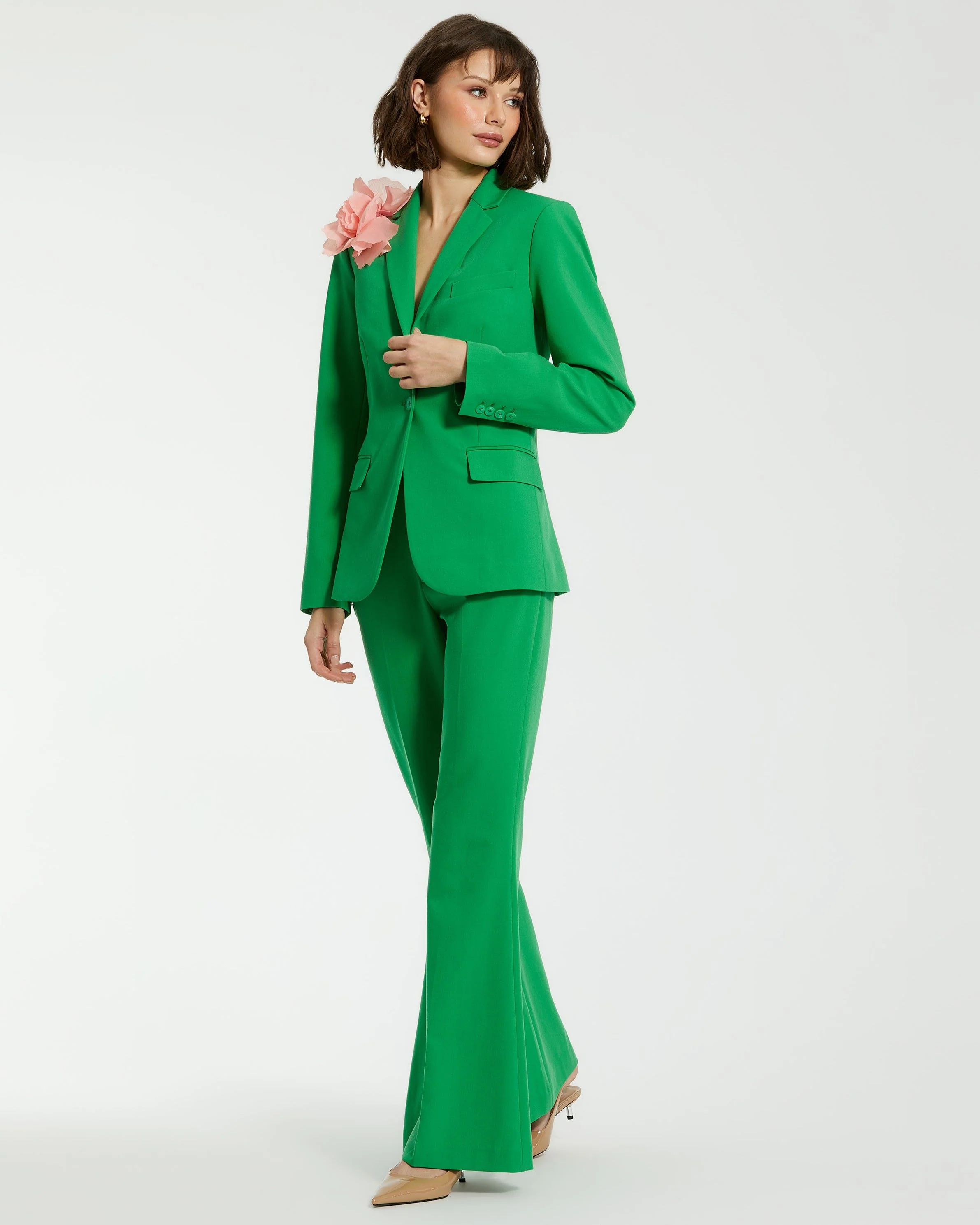 Green Classic Crepe Blazer Jacket With Flower - FINAL SALE