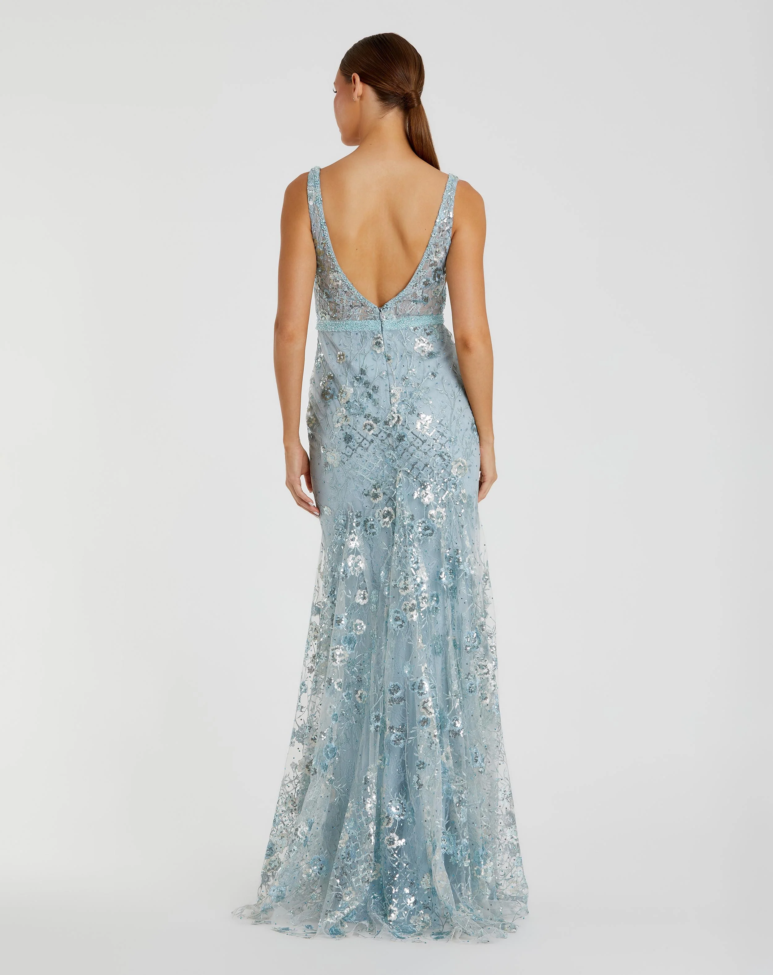 Blue Embellished Sleeveless Plunge Neck Gown