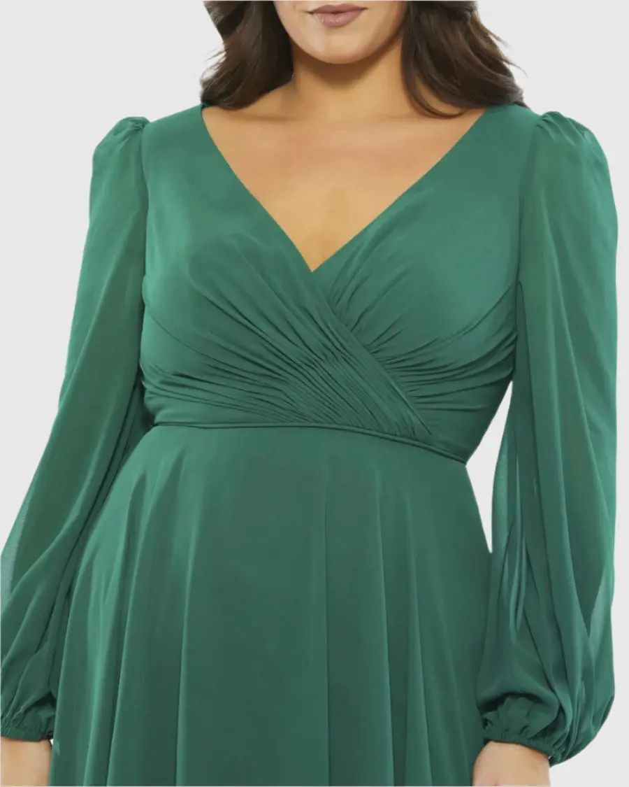 Chiffon Bishop Sleeve Surplice Dress (Plus)