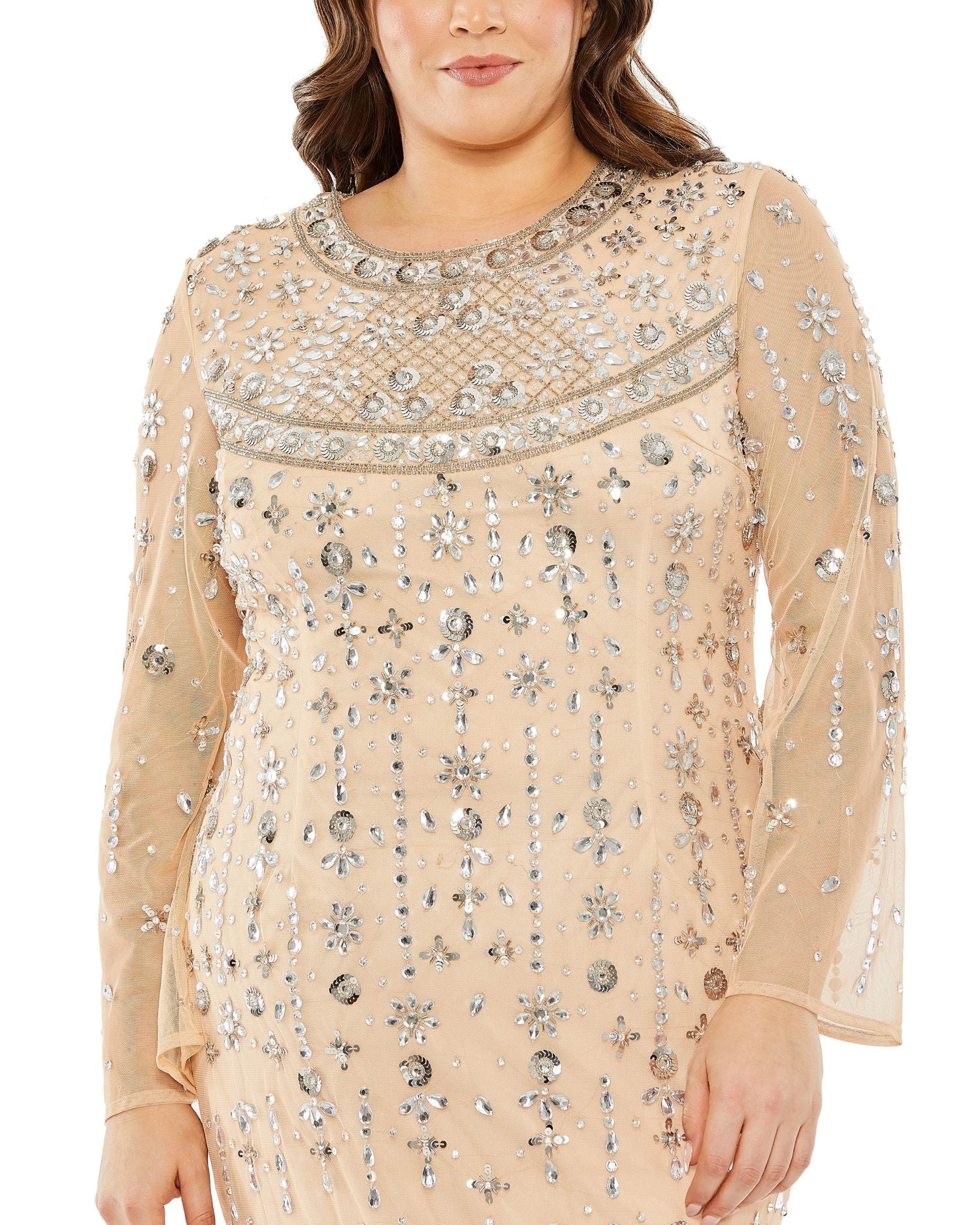 High Neck Long Sleeve Beaded Gown | Sample | Sz. 14W