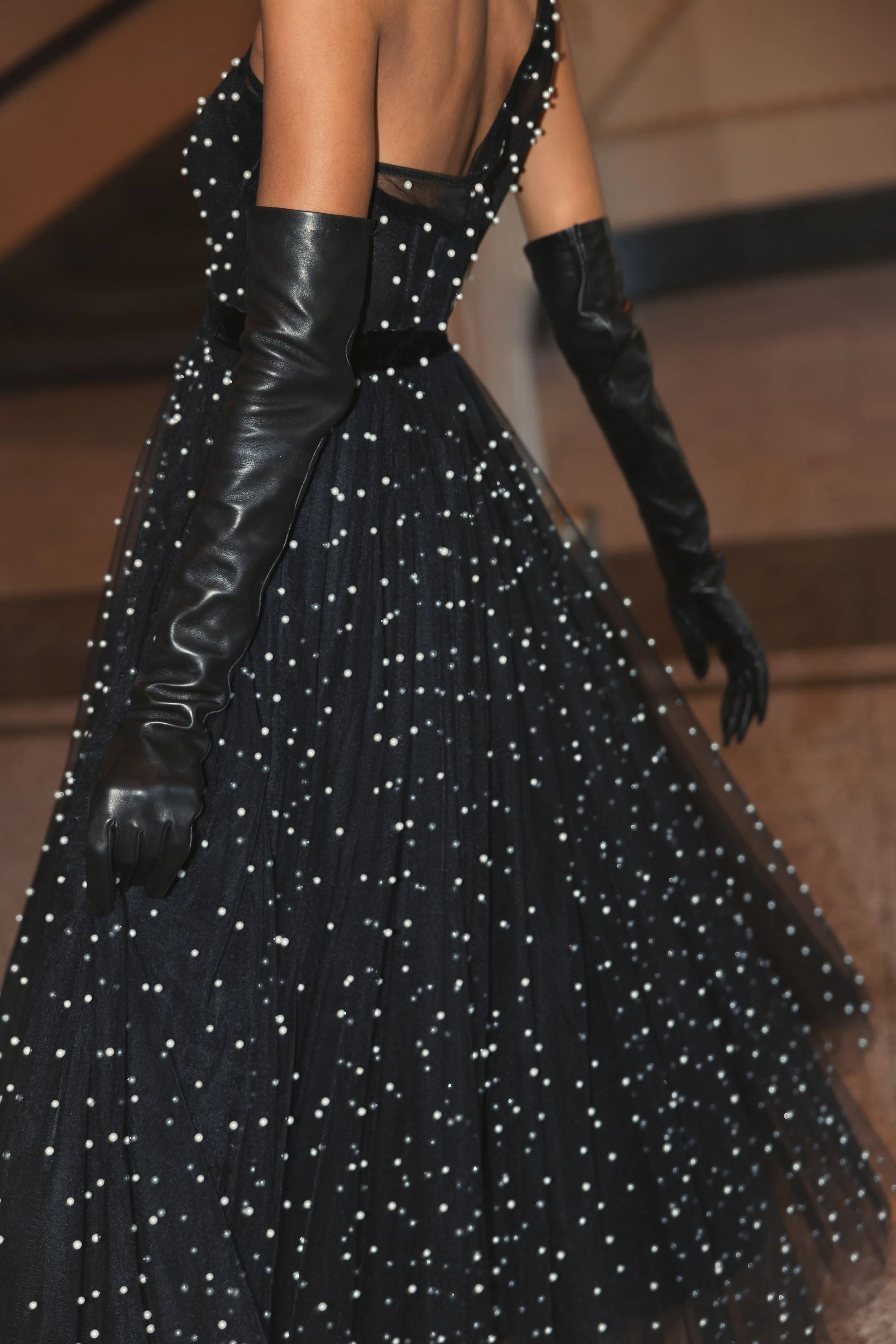 One Shoulder Pearl Beaded Midi Ballgown