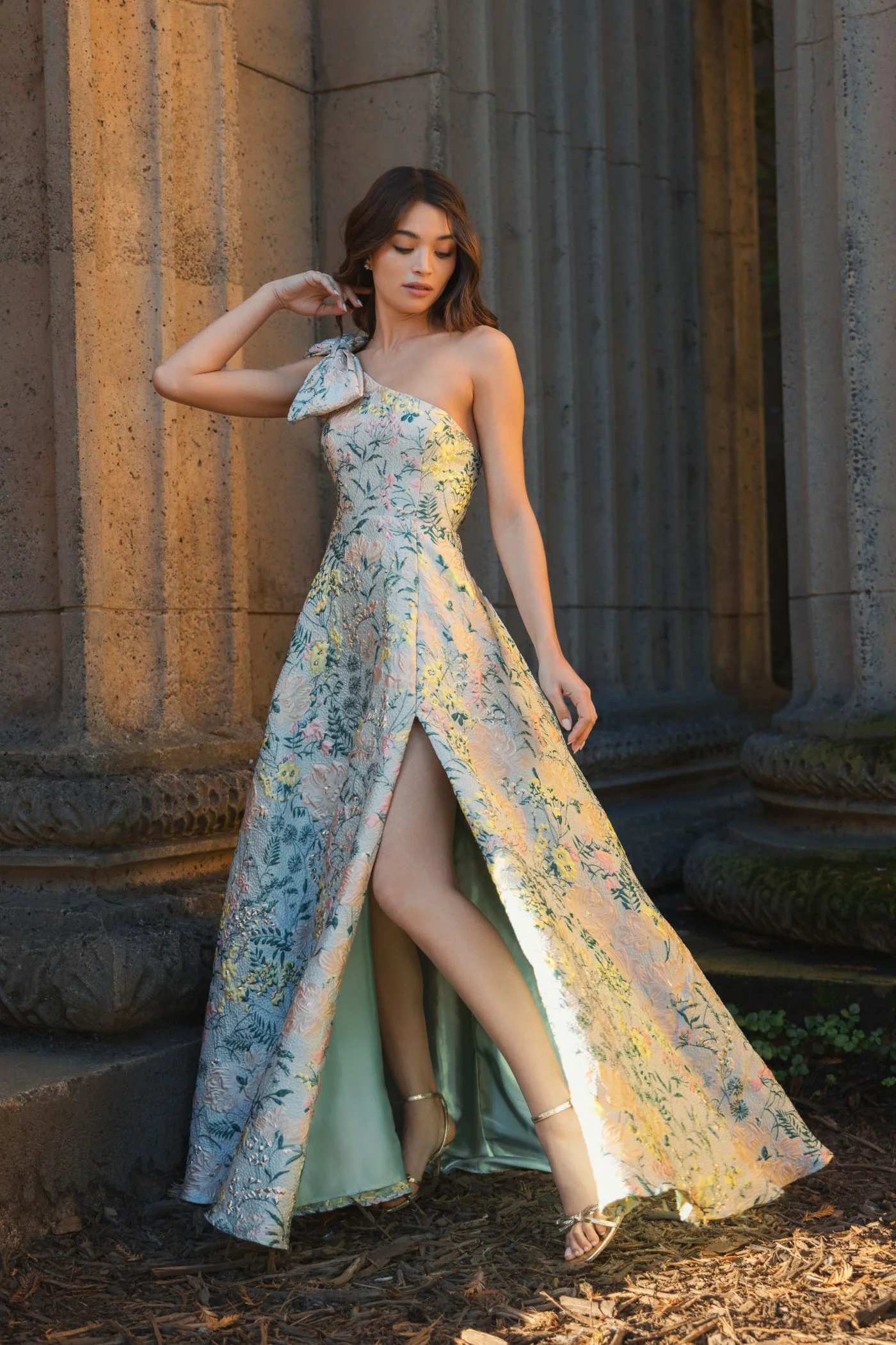 Multicolor Floral One Shoulder Brocade Gown With Bow Detail
