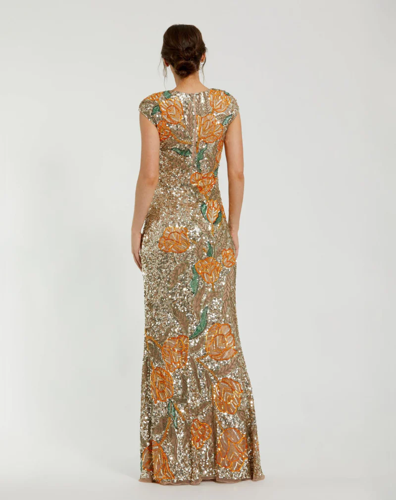 Gold Fitted Cap Sleeve Gown With Floral Beading