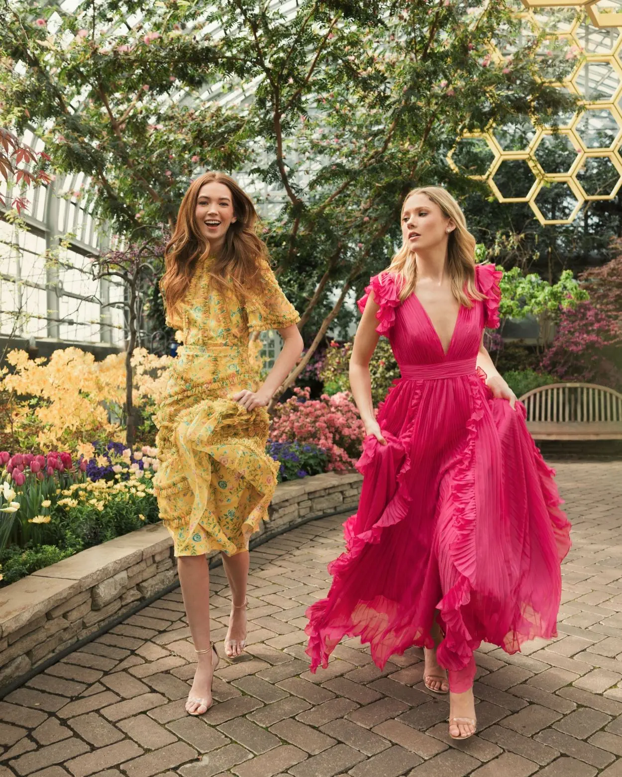 Yellow Floral Flutter Sleeve Mesh Print Dress