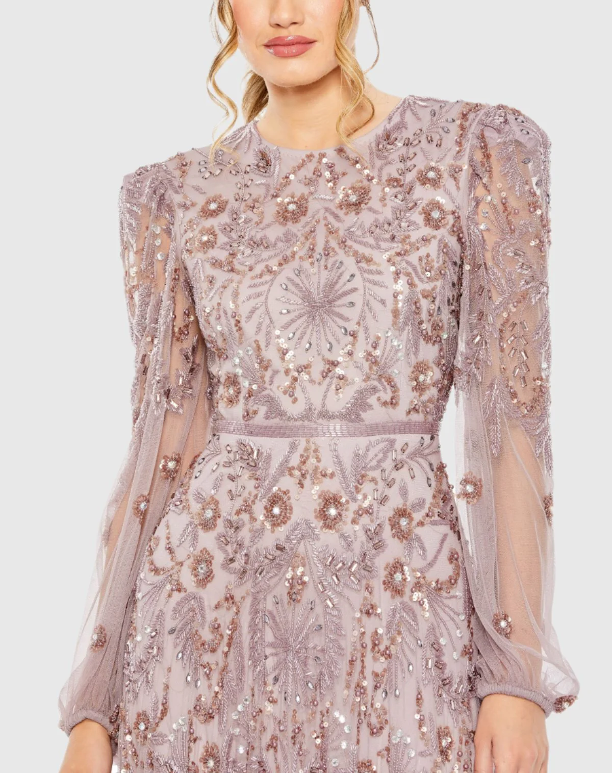 Purple Puff Sleeve Embellished A Line Gown