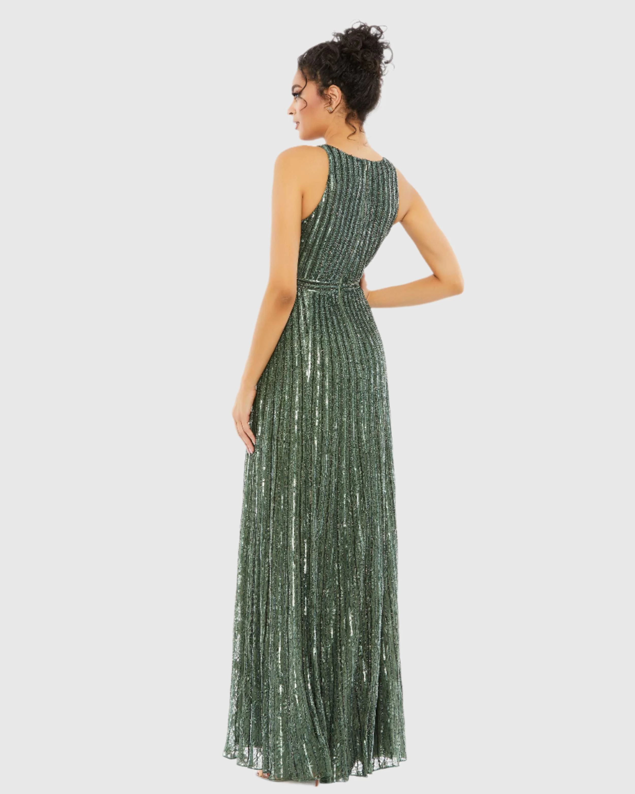 Green Sequined Sleeveless Plunge Neck Flowy Gown