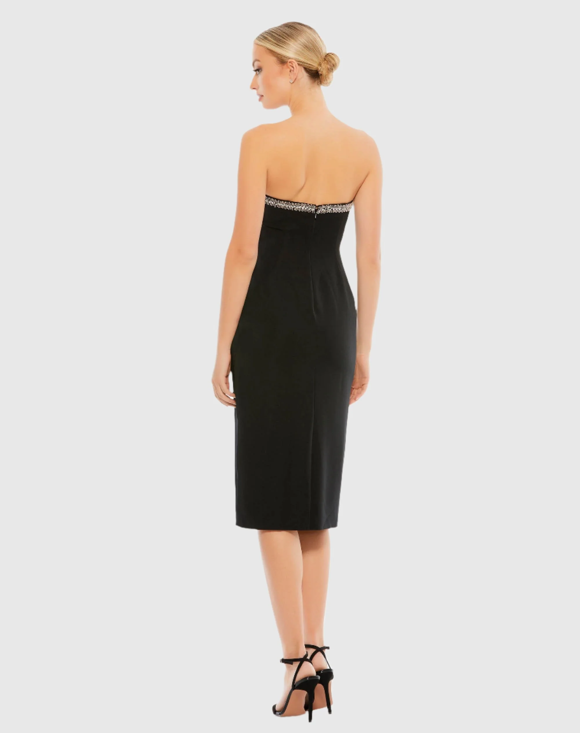 Jeweled Strapless Fitted Midi Dress