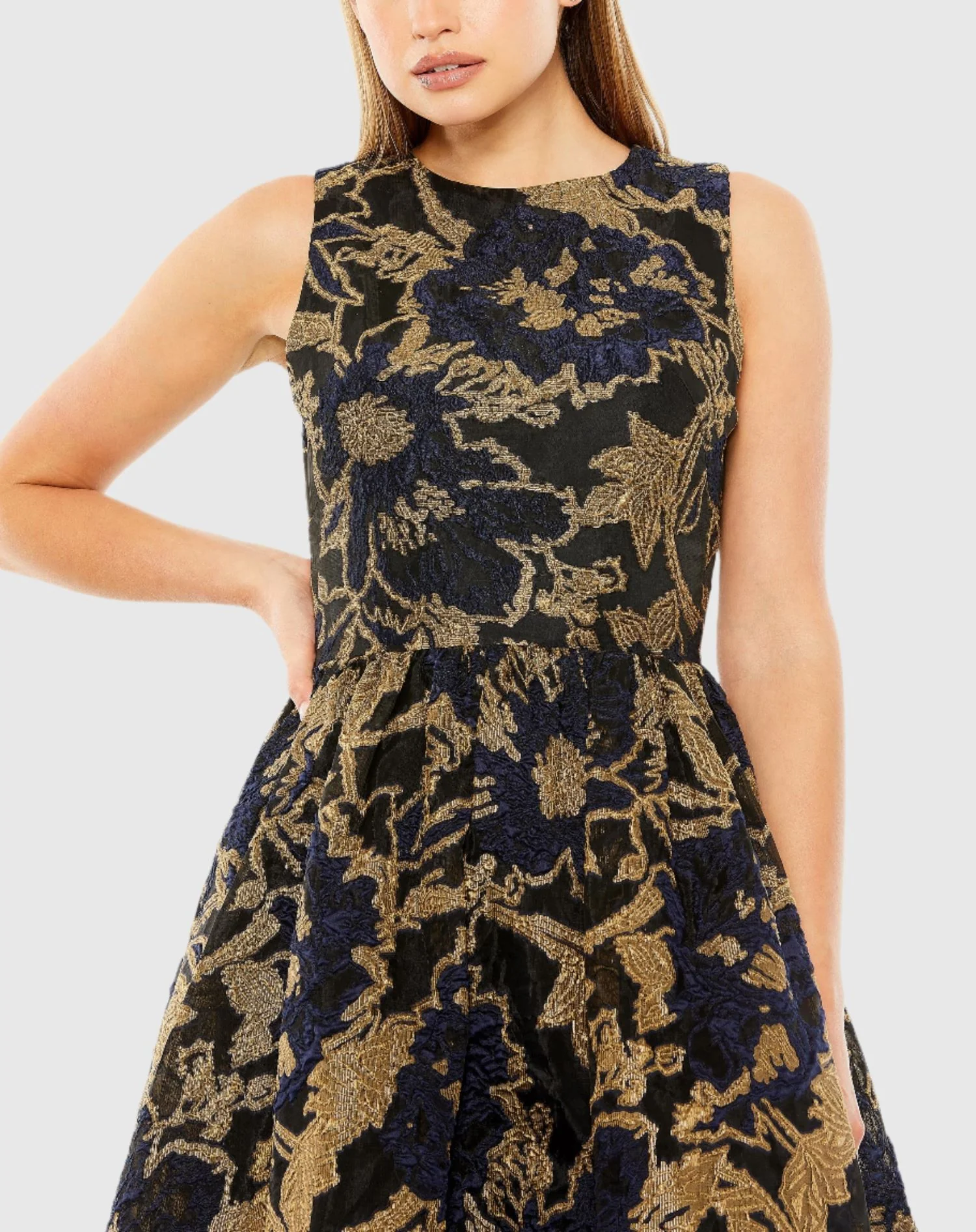 Navy and Gold Sleeveless High Low Brocade Gown