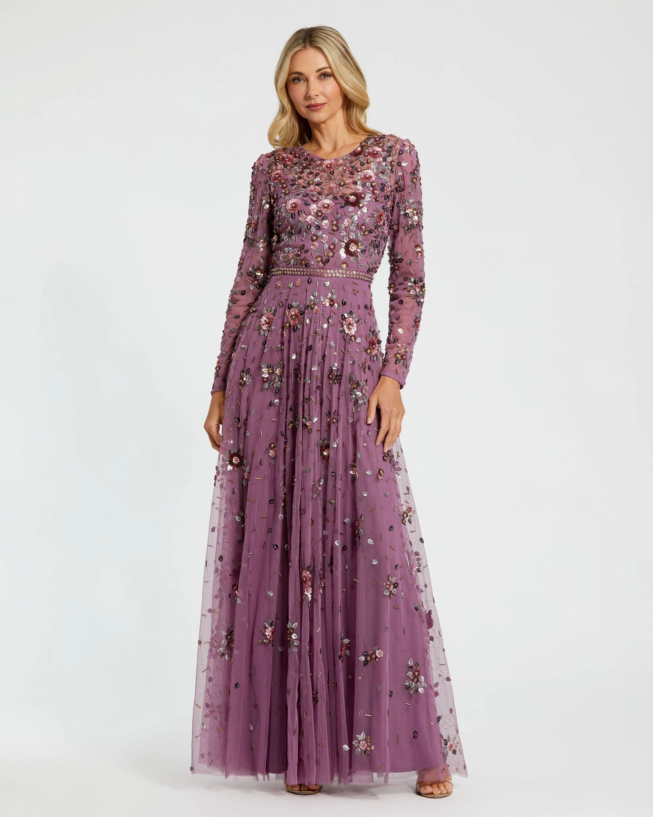 Purple Long Sleeve High Neck Beaded Gown