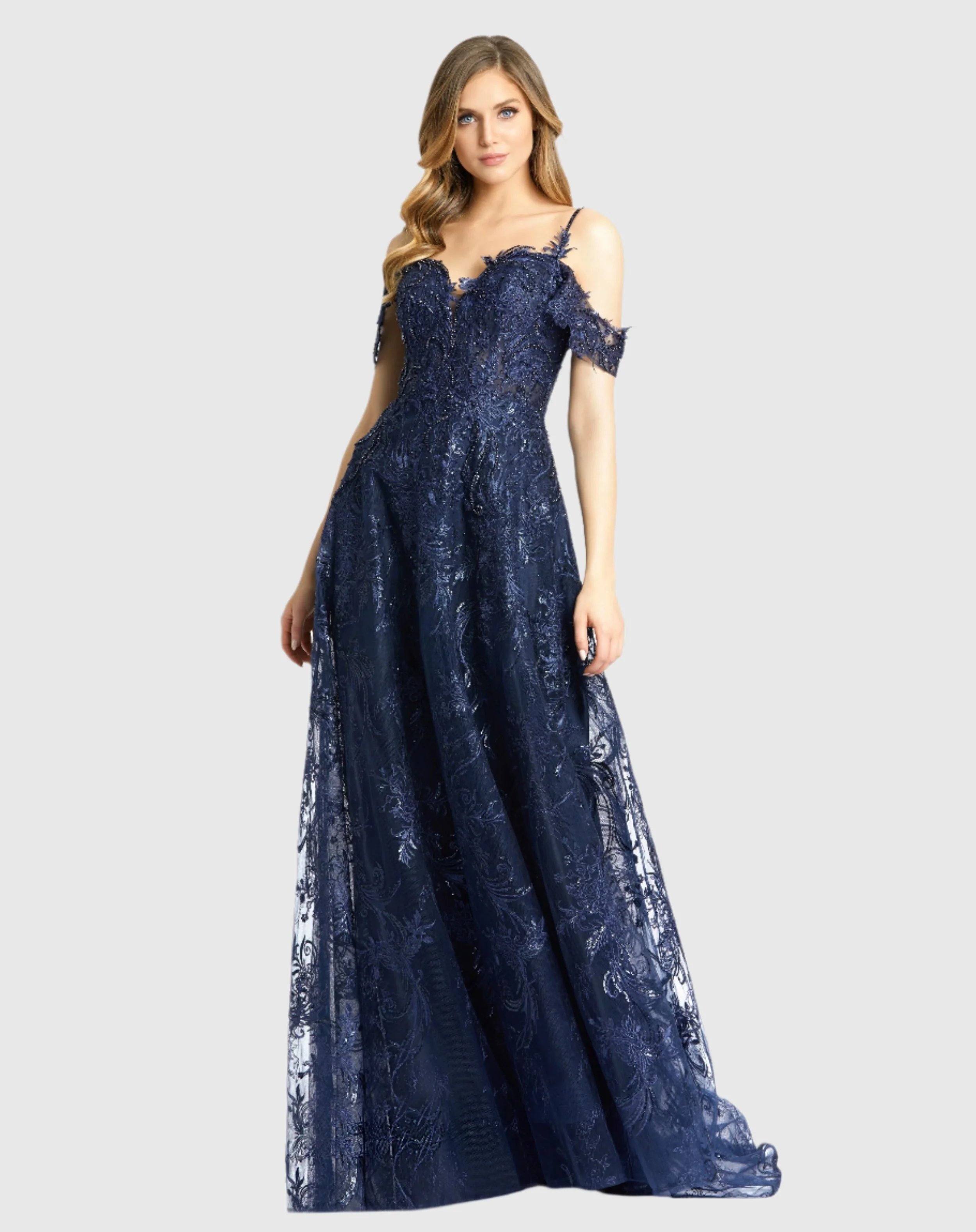 Navy Embellished Cold Shoulder Sweetheart A Line Gown