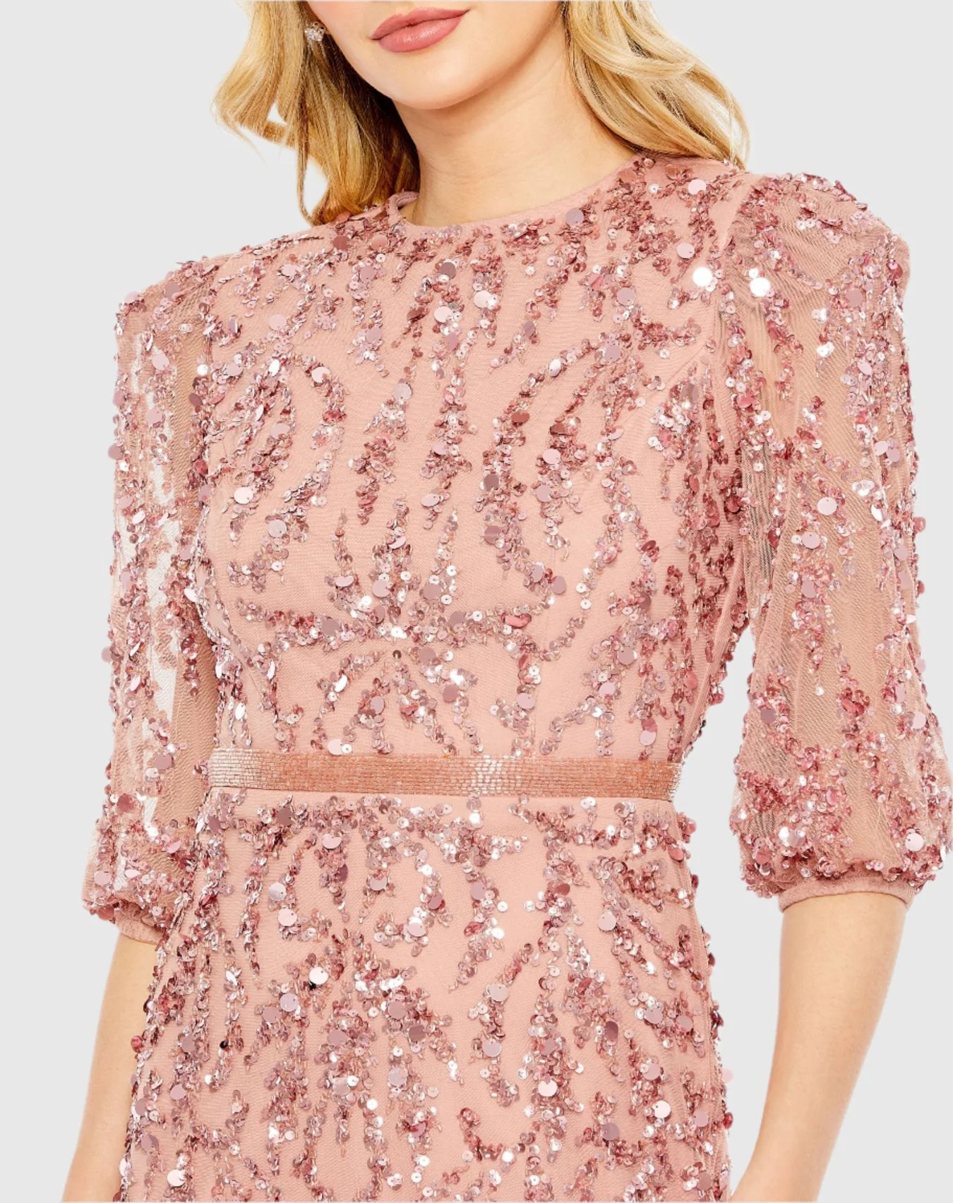 Pink Elbow Length Sleeve Embellished Gown