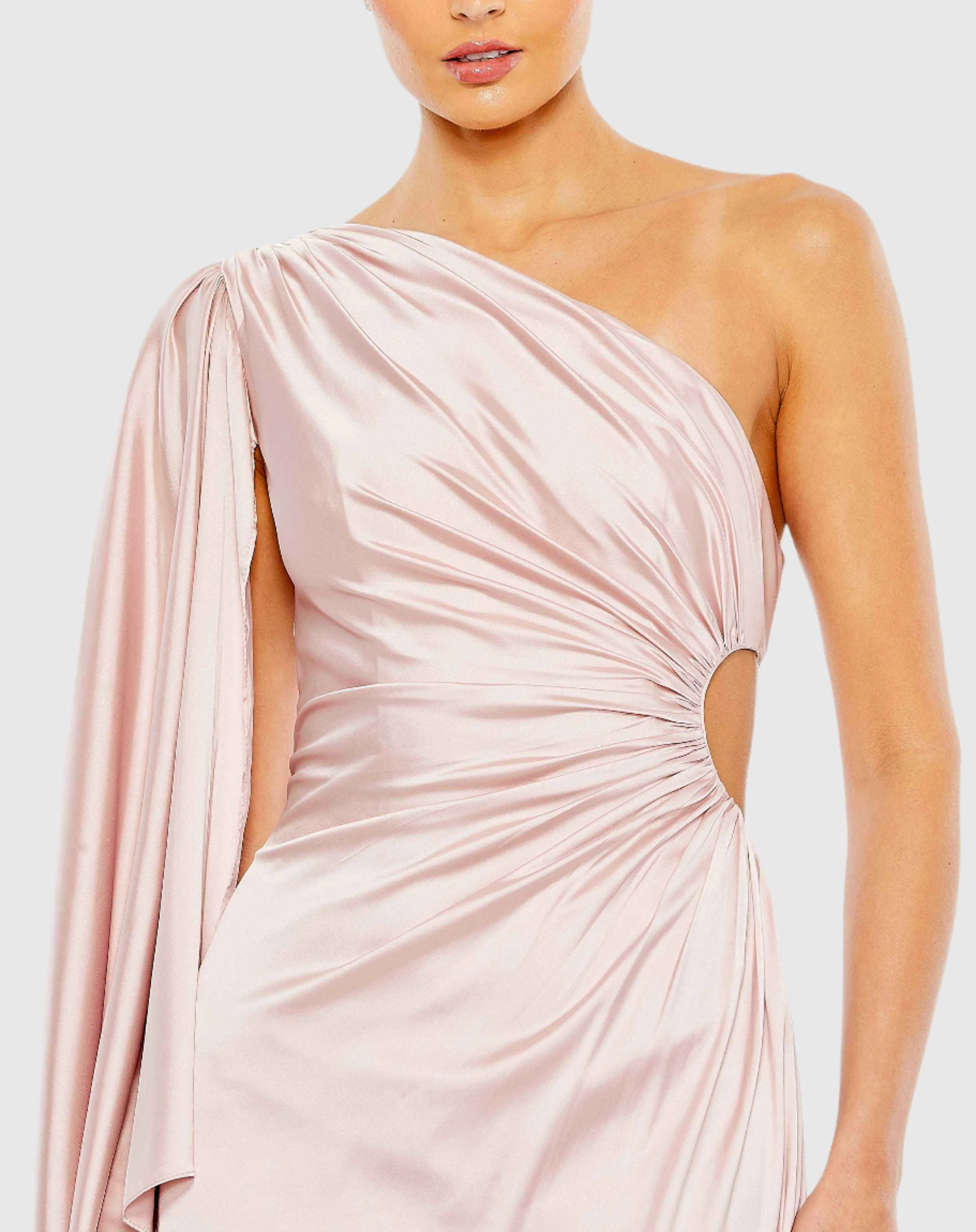 Pink One Shoulder Bell Sleeve Draped Gown
