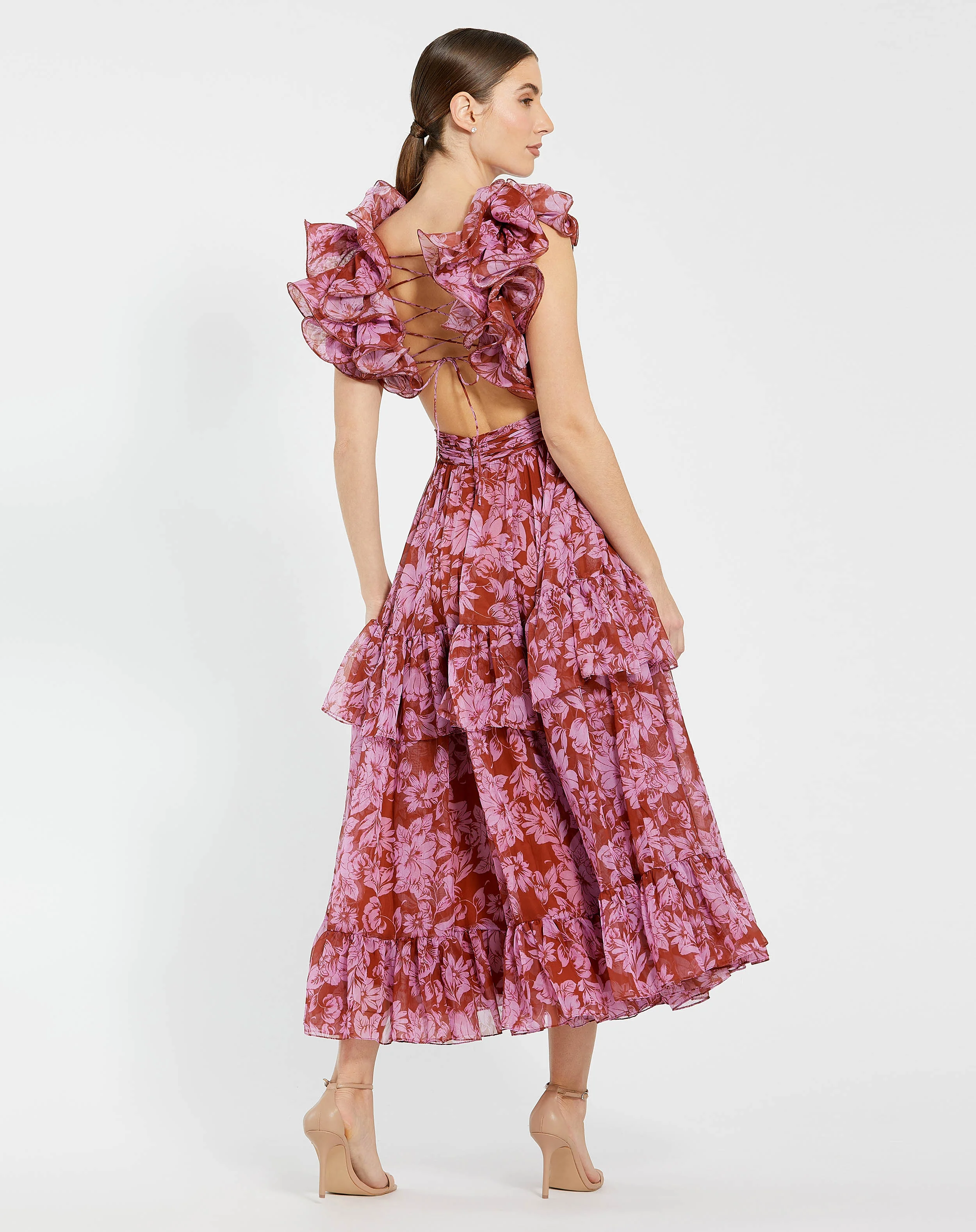 Ruffle Tiered Cut-Out Chiffon Midi Dress