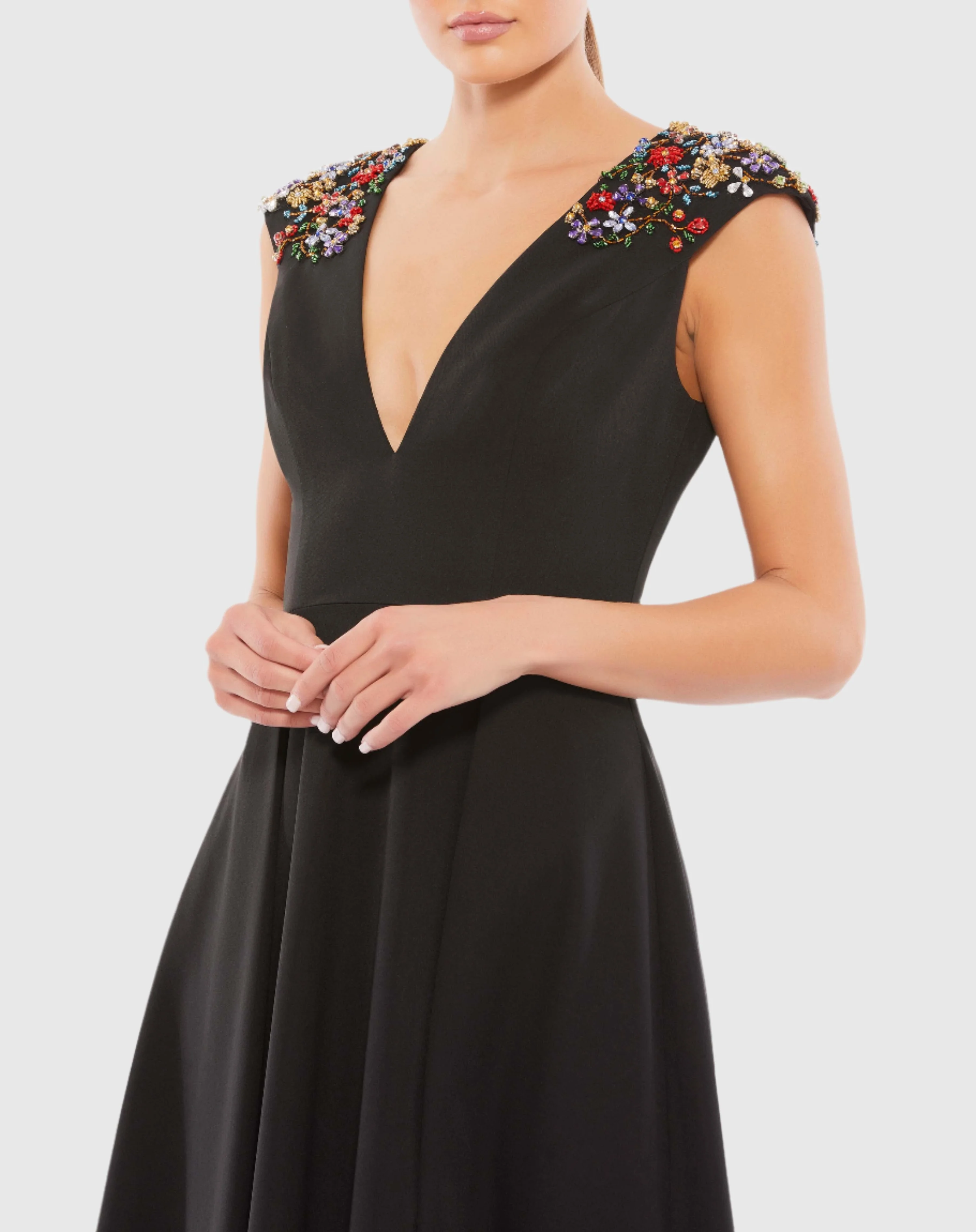 Black Beaded Cap Sleeve A Line Midi Dress