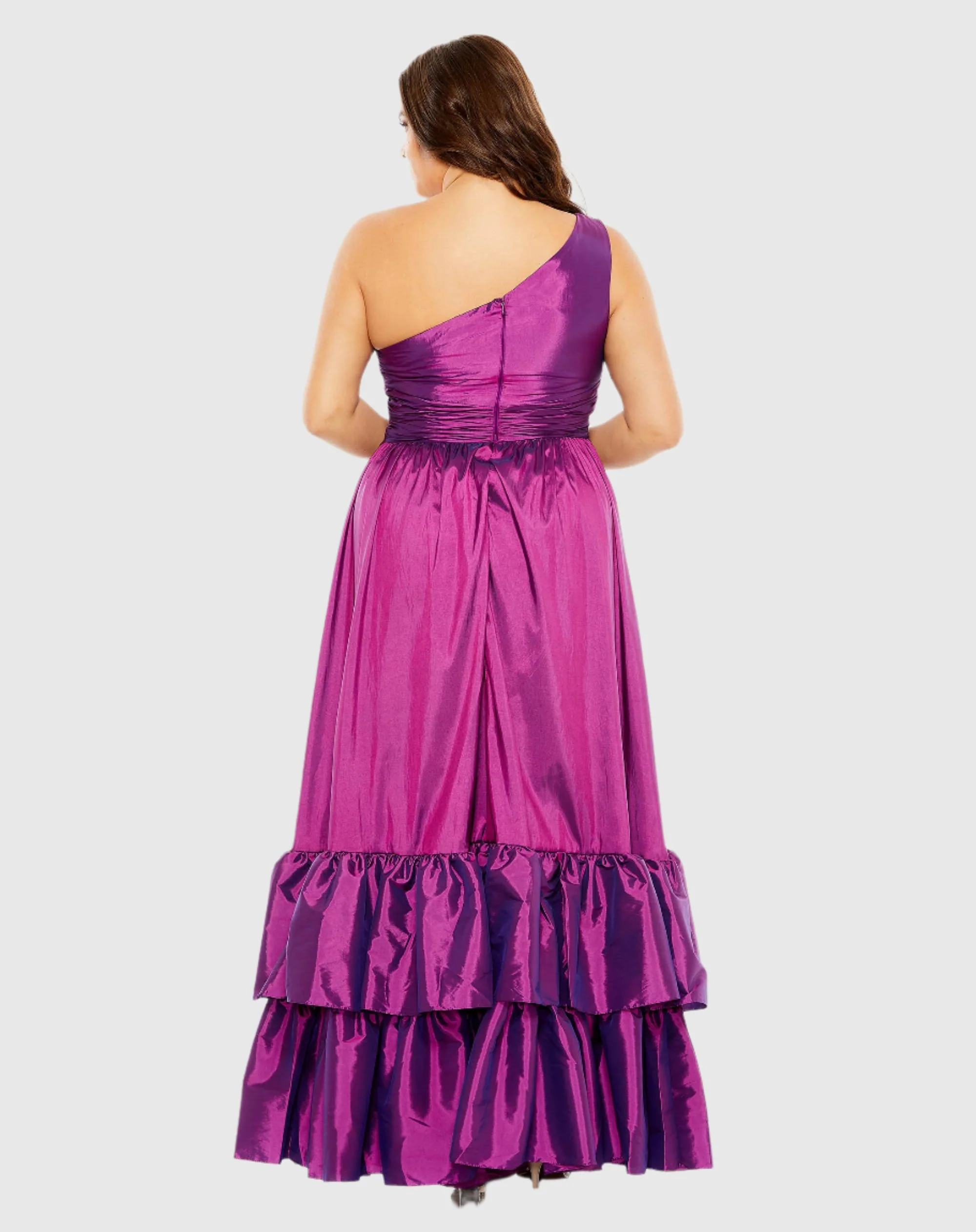 Purple One Shoulder Asymmetrical Ruffle Hem Gown