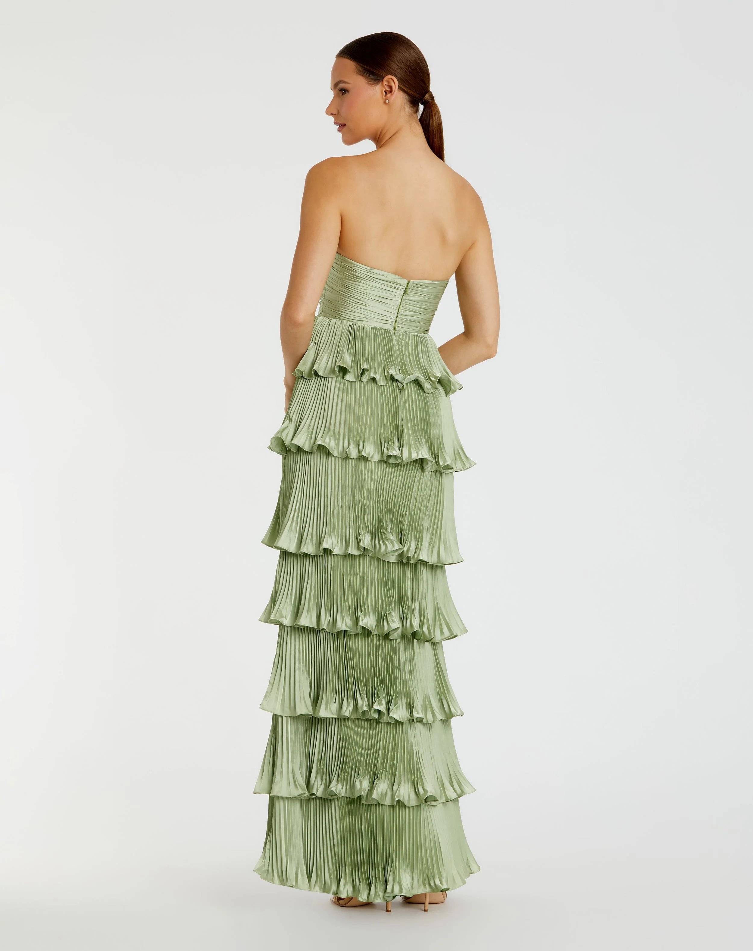 Green Pleated Charmeuse Strapless Tiered Ruffle Gown