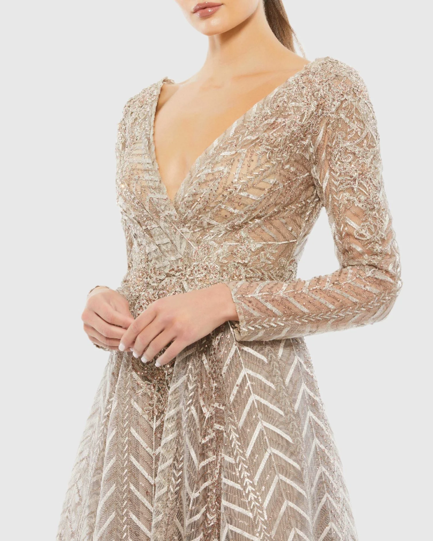 Beige Embellished Illusion Long Sleeve Wrap Over A Line Gown