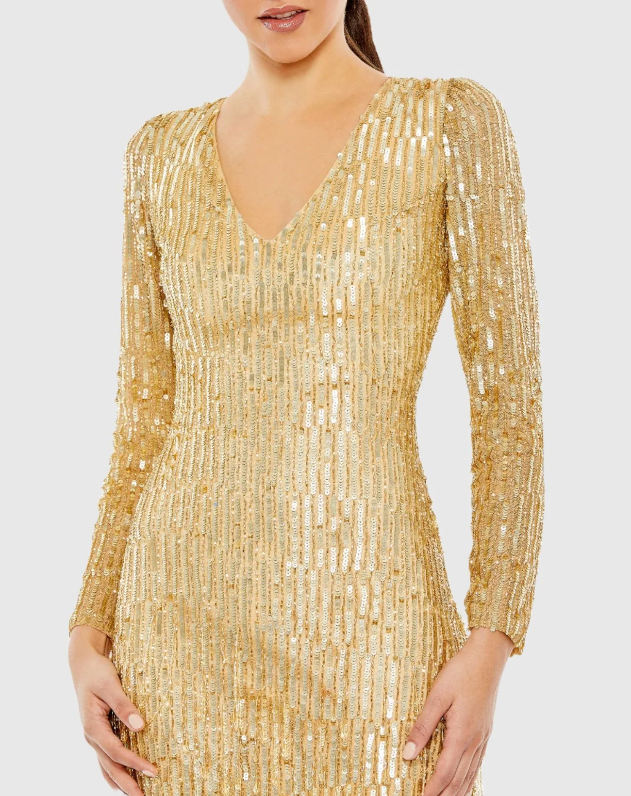 Sequined Long Sleeve V Neck Beaded Fringe Gown