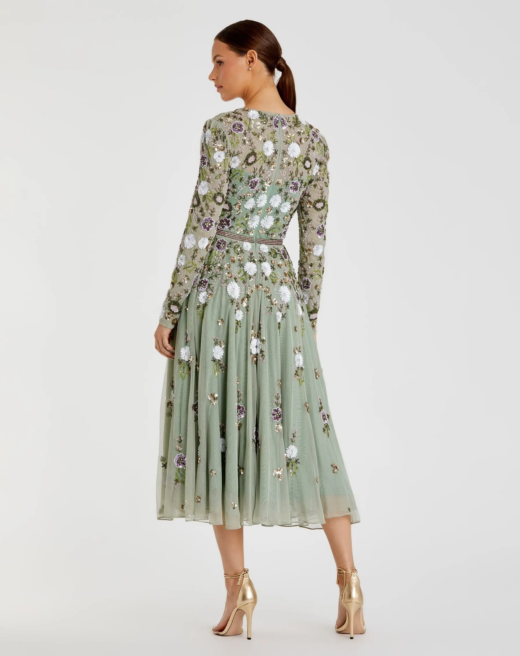 Green Sequined Floral Long Sleeve High Neck Midi Dress