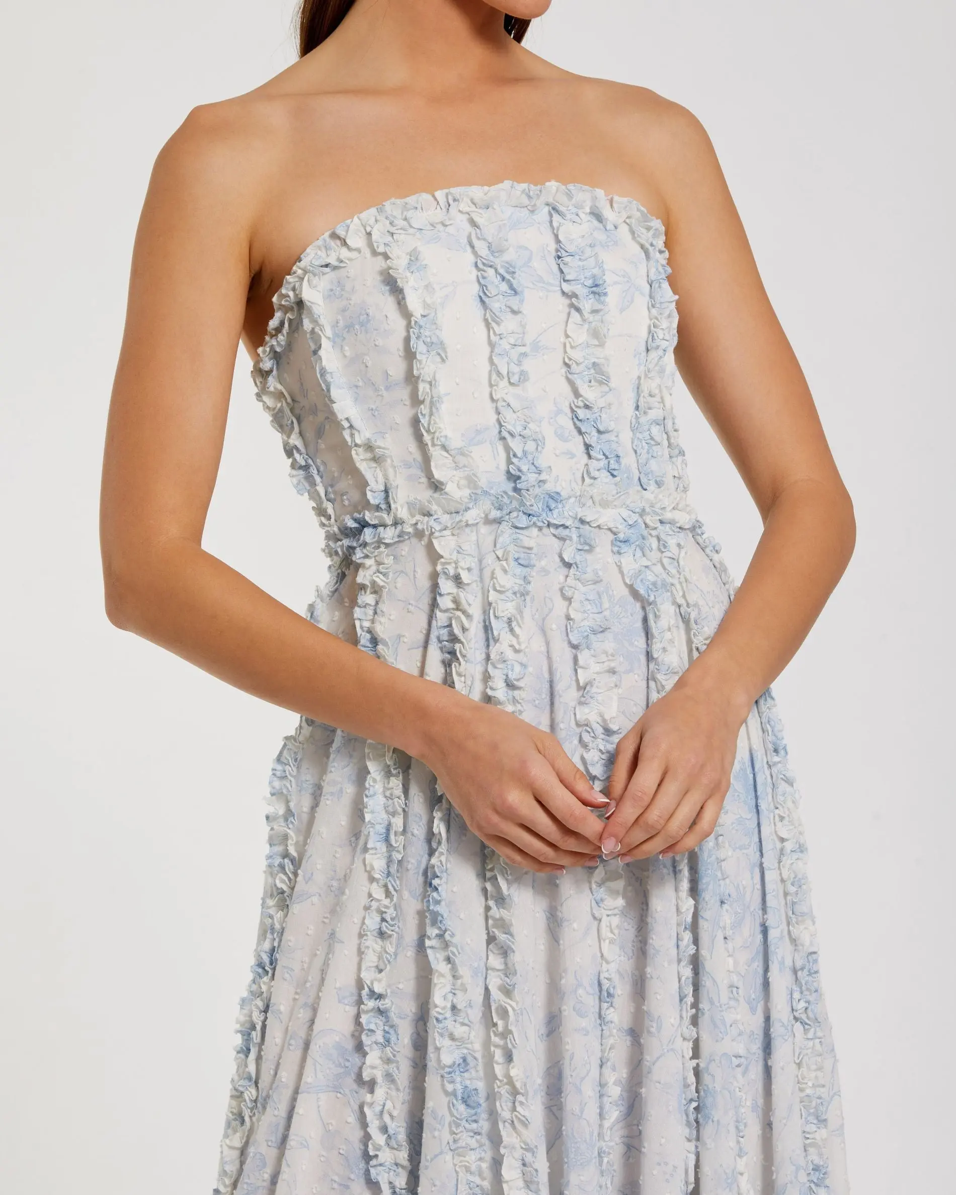 Blue and White Strapless Ruffle Floral Cotton Dress