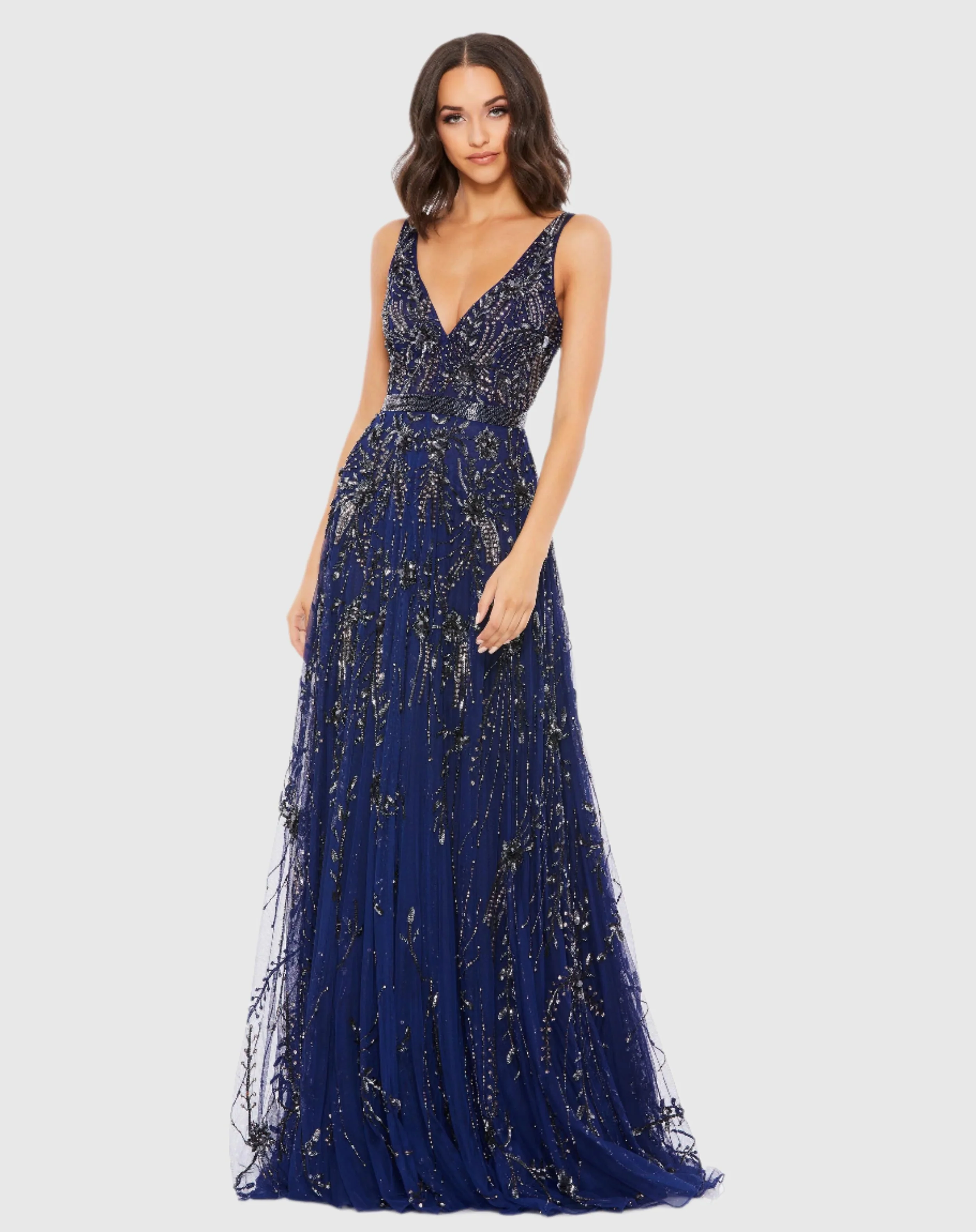 Navy V-Neck Embellished Tulle Gown