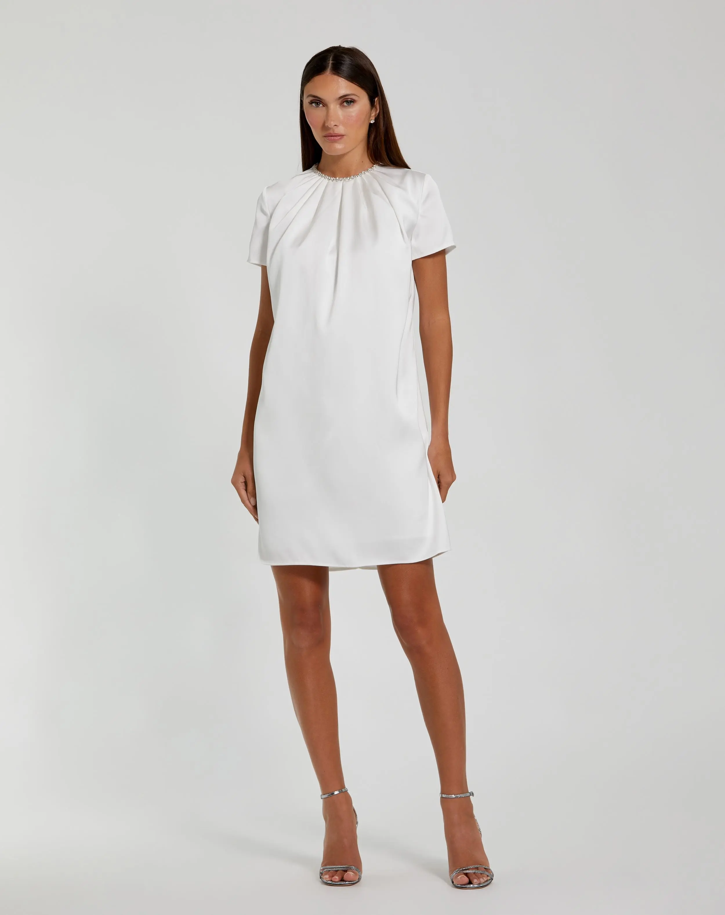White Rhinestone Embellished Neckline Shift Dress