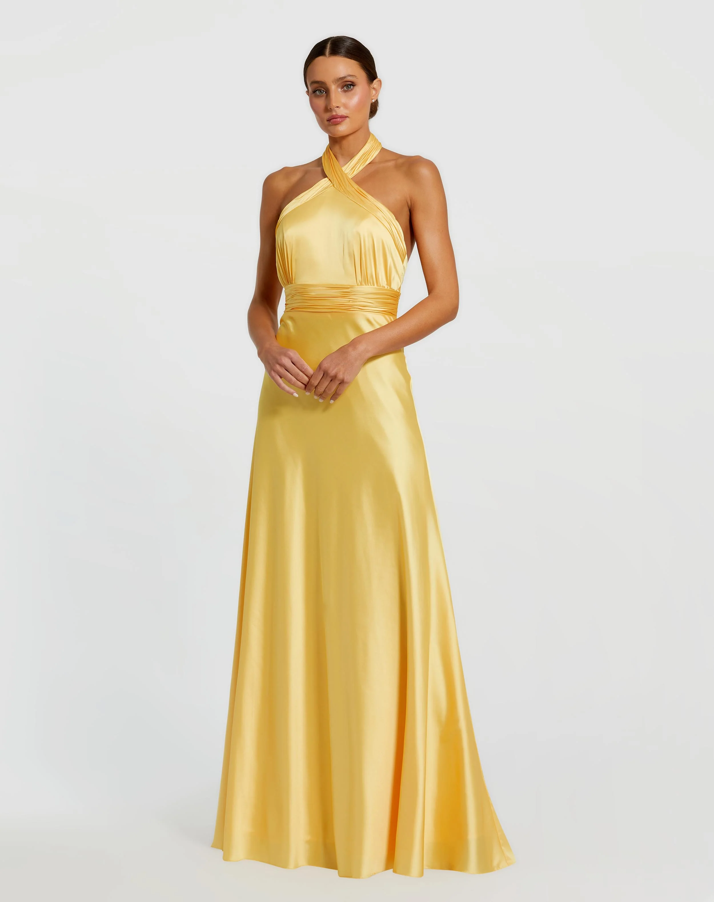 Ruched Halter Neck Tie Back Satin Gown