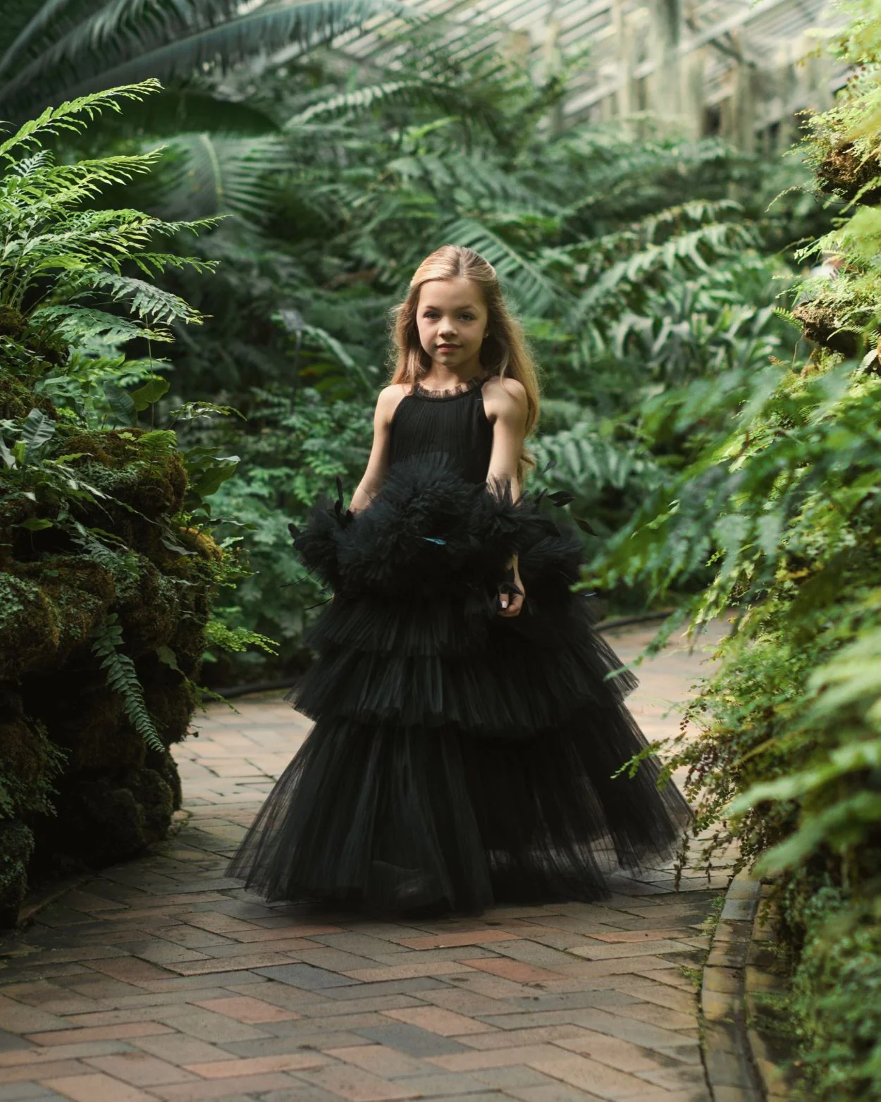 Girls High Neck Tulle Dress with Feather Detail