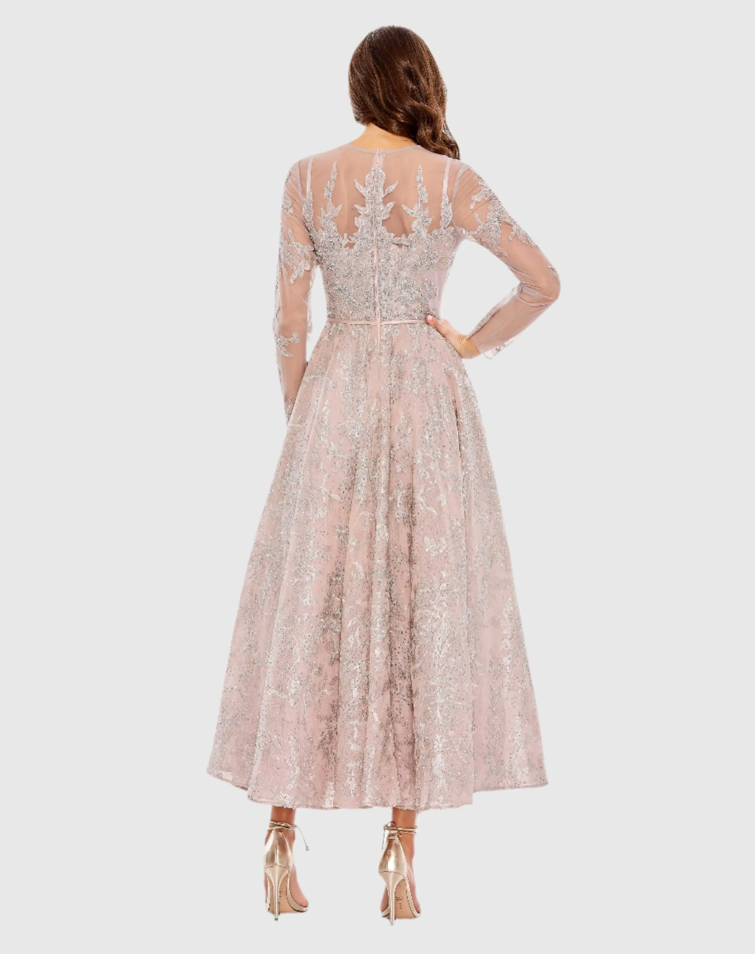 Pink Embellished Bow Belt Illusion Long Sleeve A Line Dress
