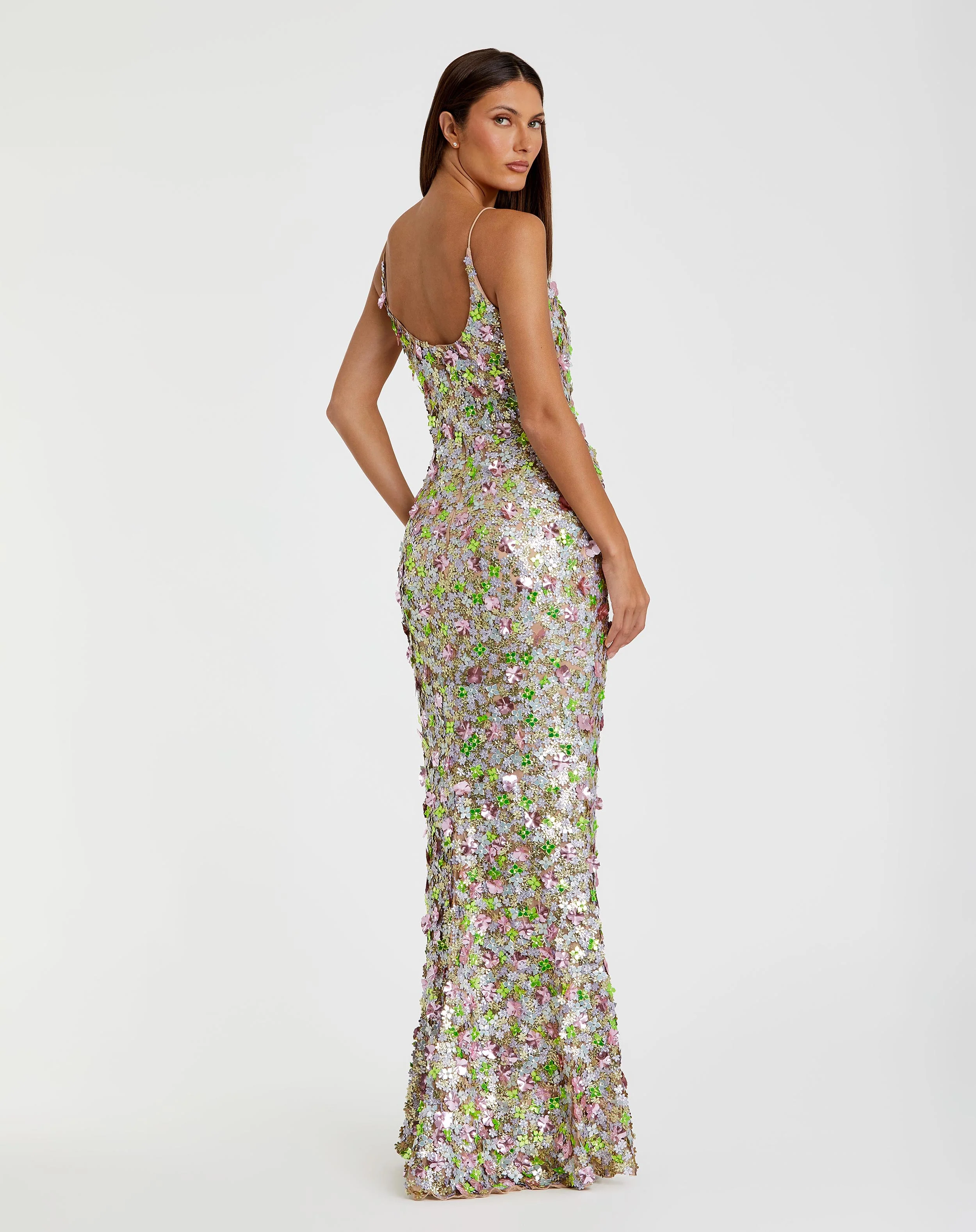 Sleeveless Floral Paillette Embelleshed Mesh Gown