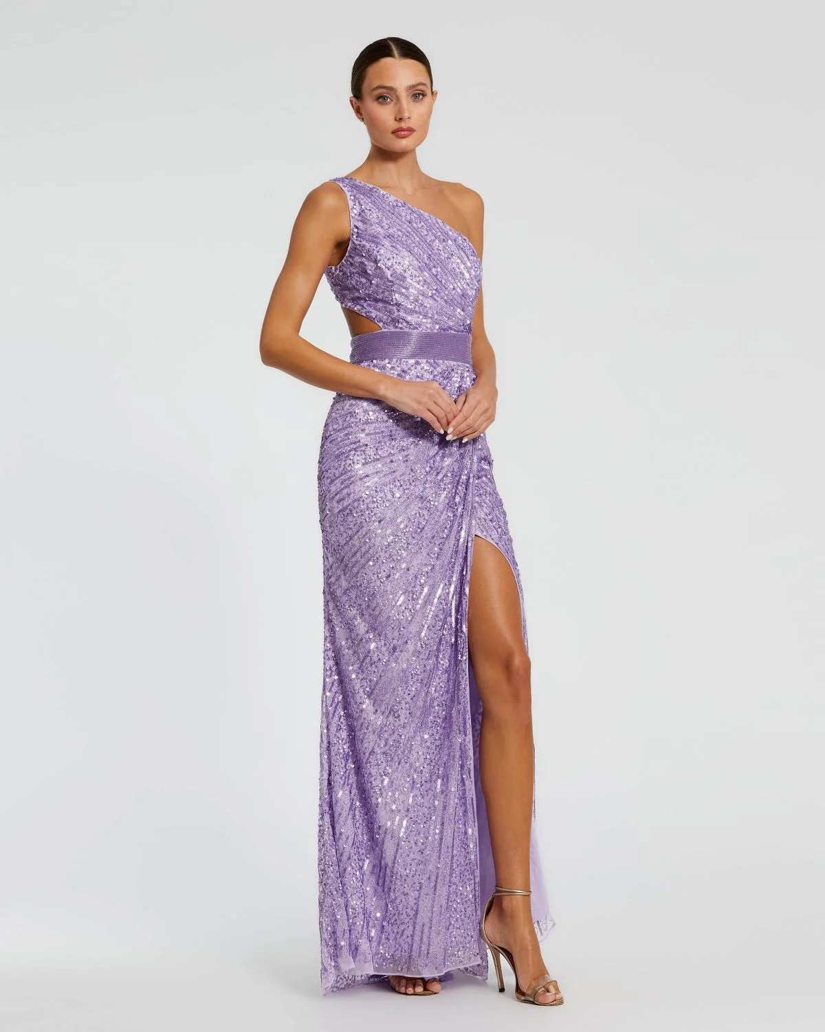 Sequined One Shoulder Draped Lace Up Gown