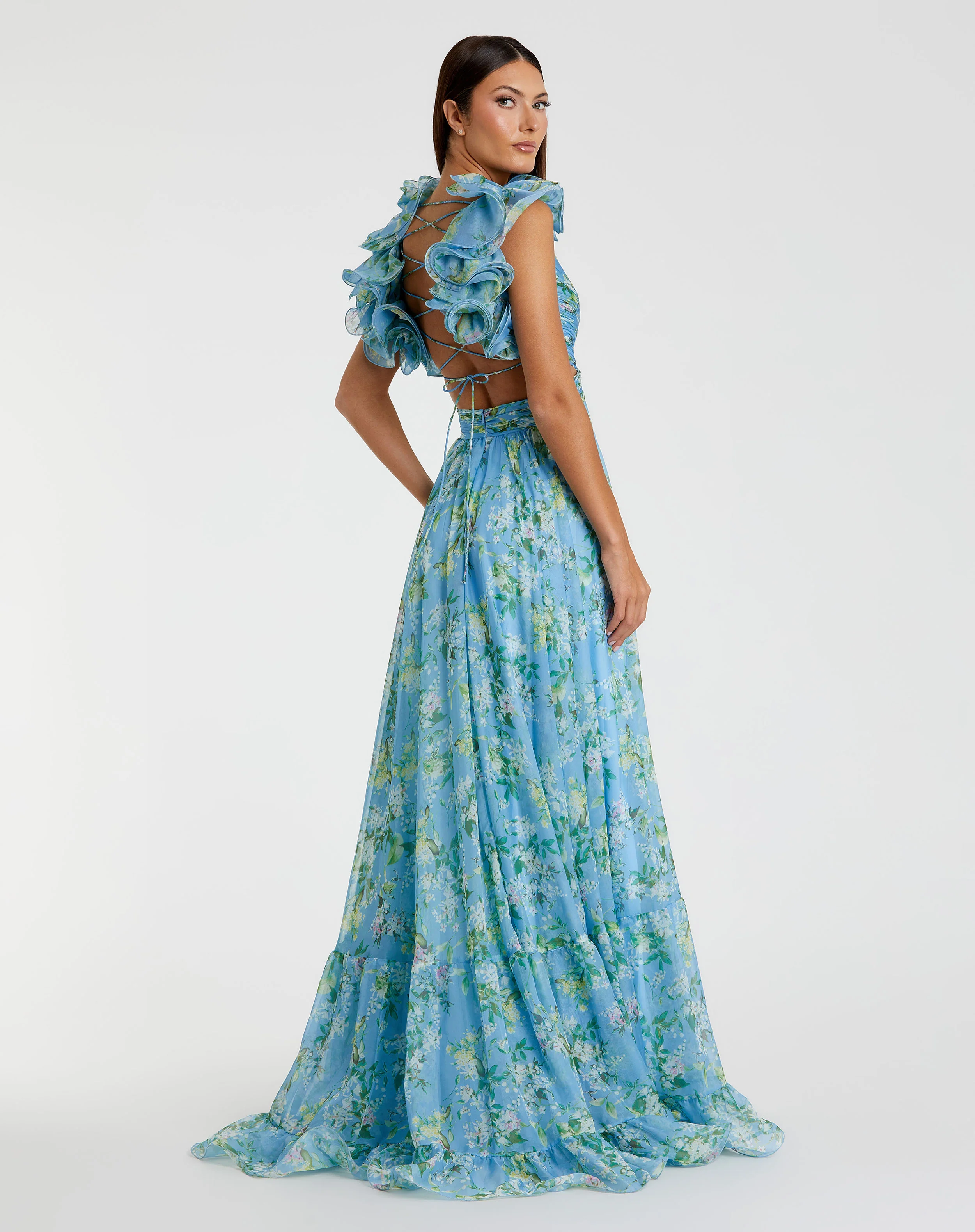 Blue Ruffle Tiered Floral Cut-Out Chiffon Gown