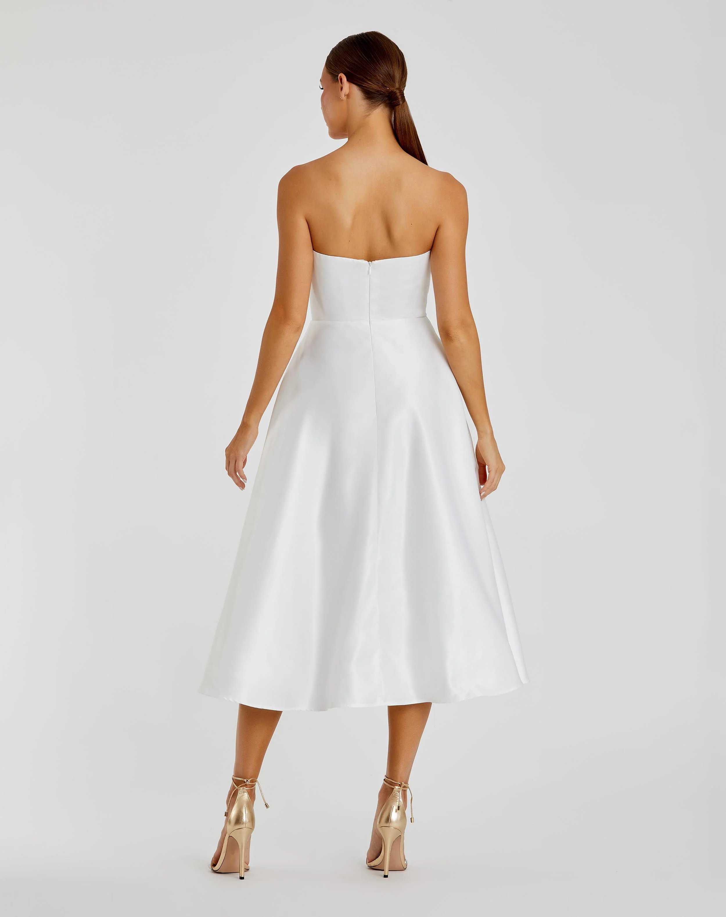 White Strapless Satin Midi Dress With Flower Print