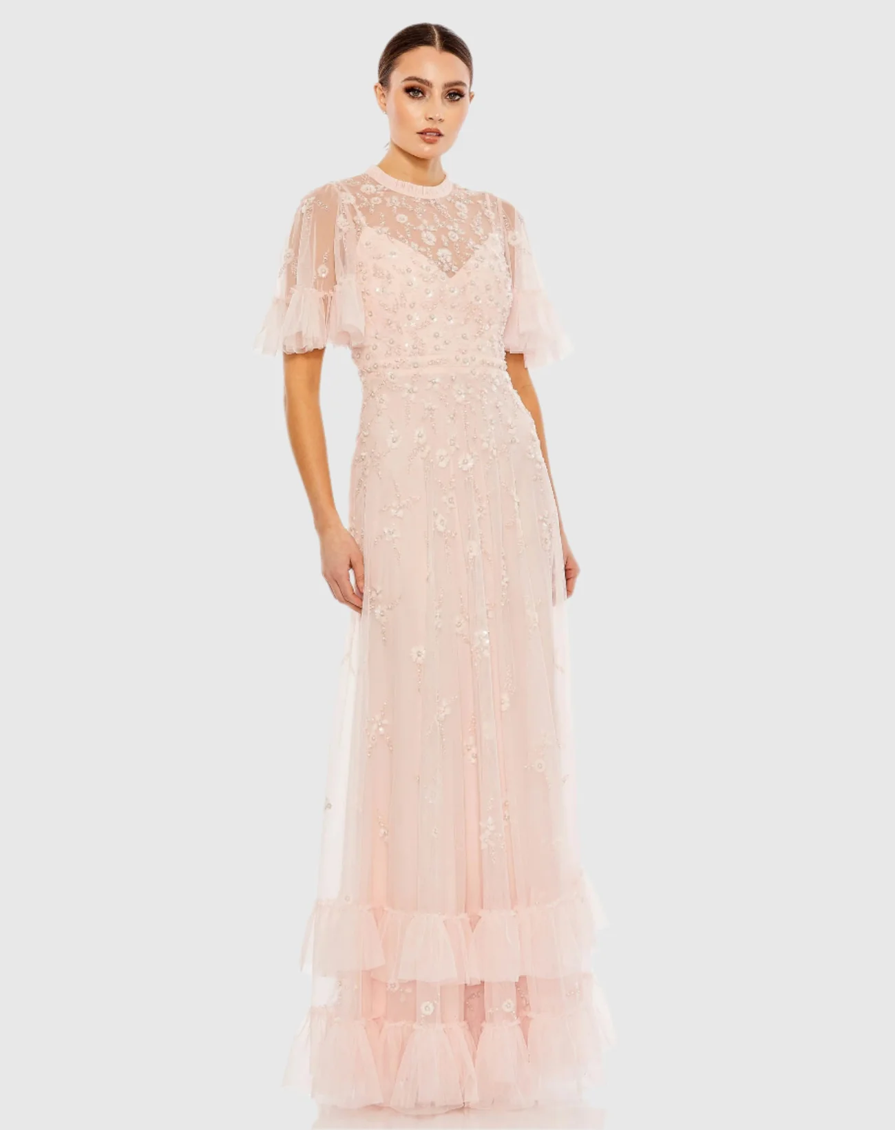 Light Pink Ruffled Floral Embellished Flutter Sleeve A Line Gown