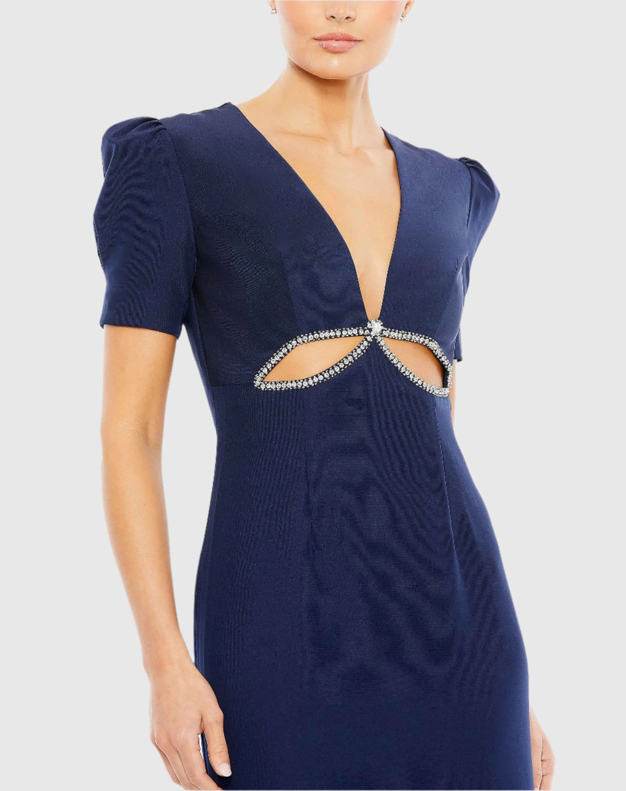 Navy Plunge Neck Puff Sleeve Cut Out Gown